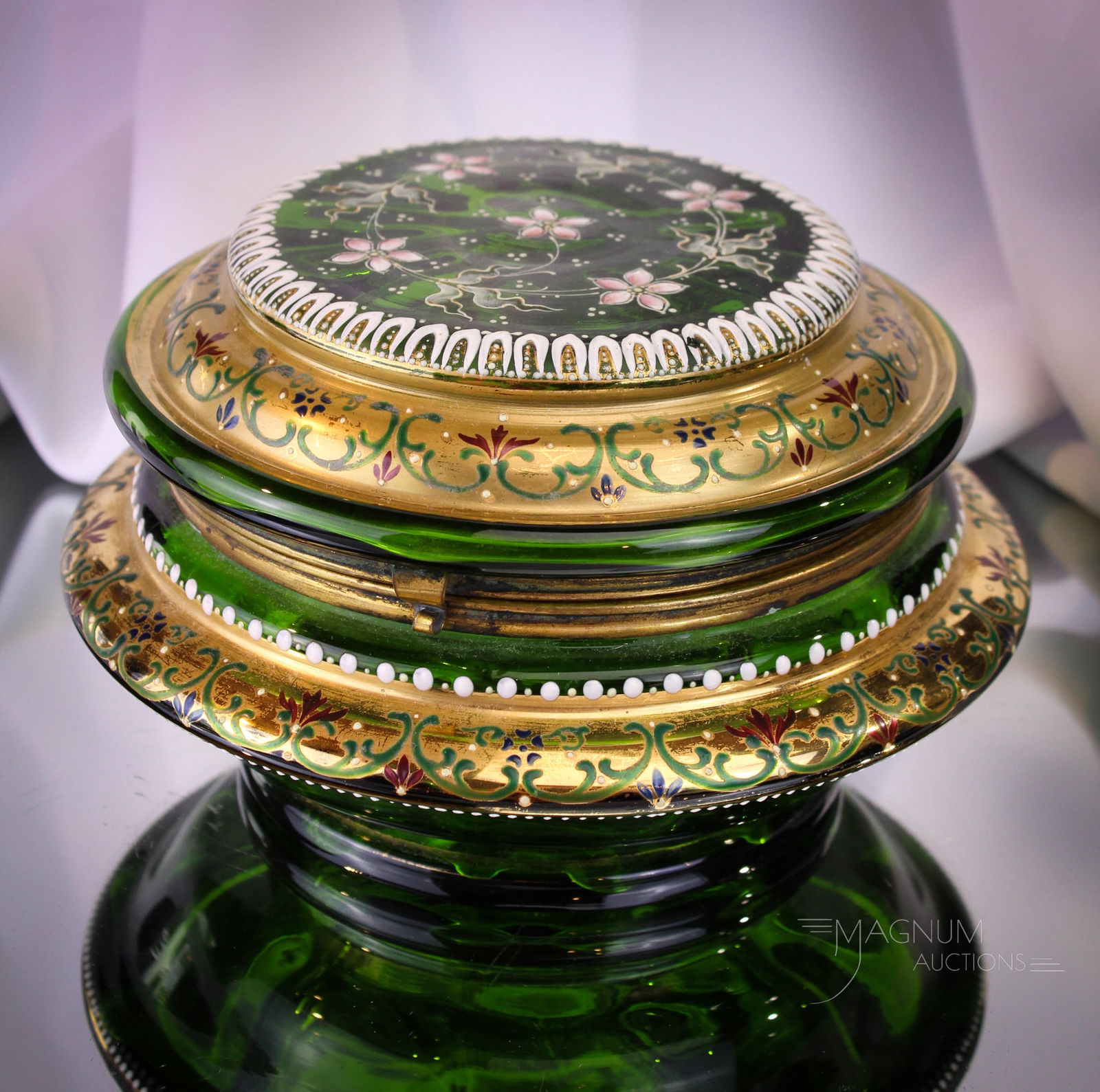 Huge 7 1/2" Victorian Emerald Green Glass Enameled Dresser Box: Very impressive and just beautiful emerald green gilt and enameled Victorian huge size dresser box. This piece perfect for the size queen in your life. It stands 4 1/2" tall and measures a whopping 7