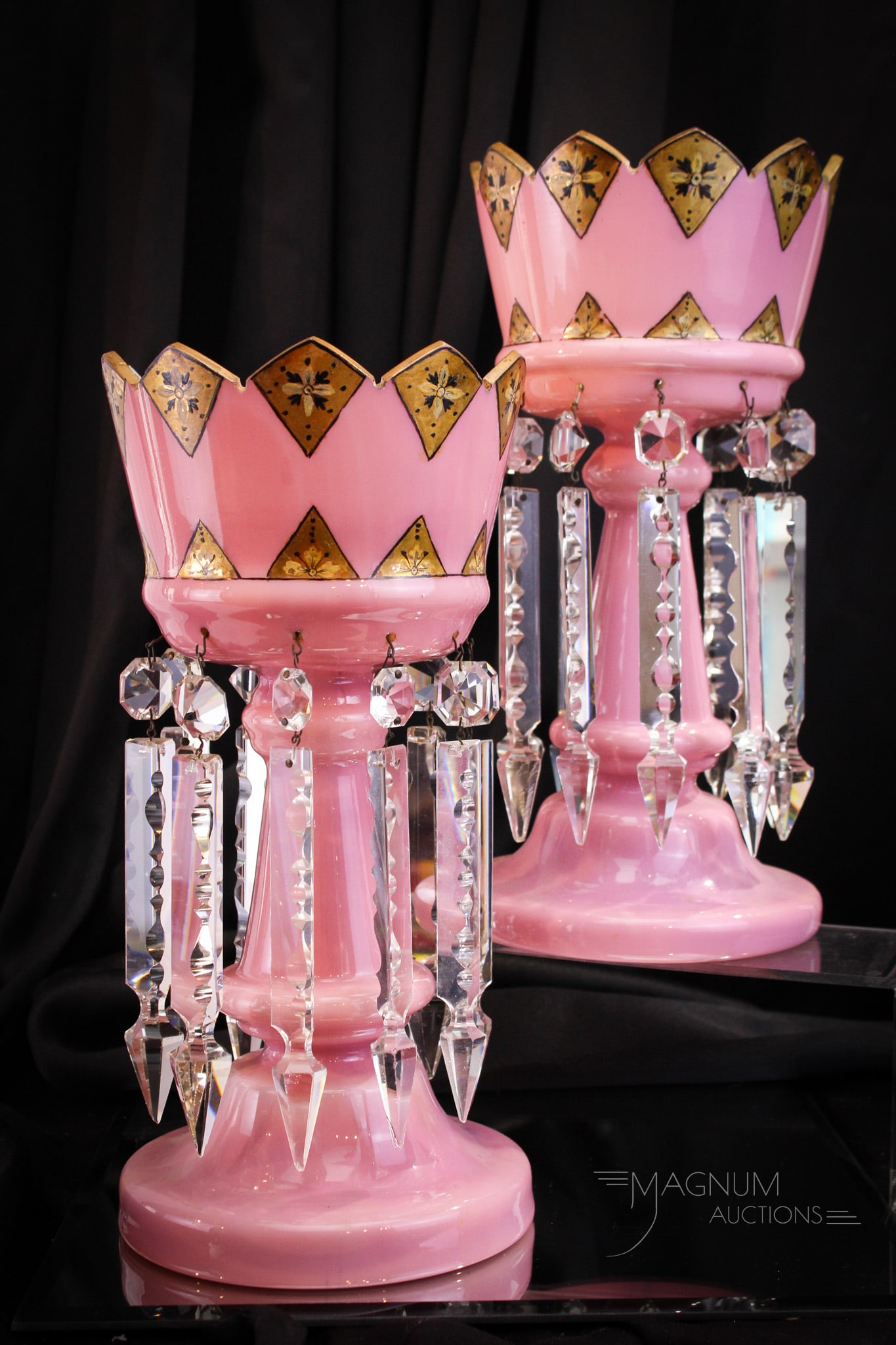 Victorian Pink Bristol Cased Glass 13" Mantle Lusters: Huge pair of Victorian bristol cased glass mantle lusters with gilt and enameled decoration. Fine pair of lusters perfect to showcase in your home. Each luster measures 13" tall.