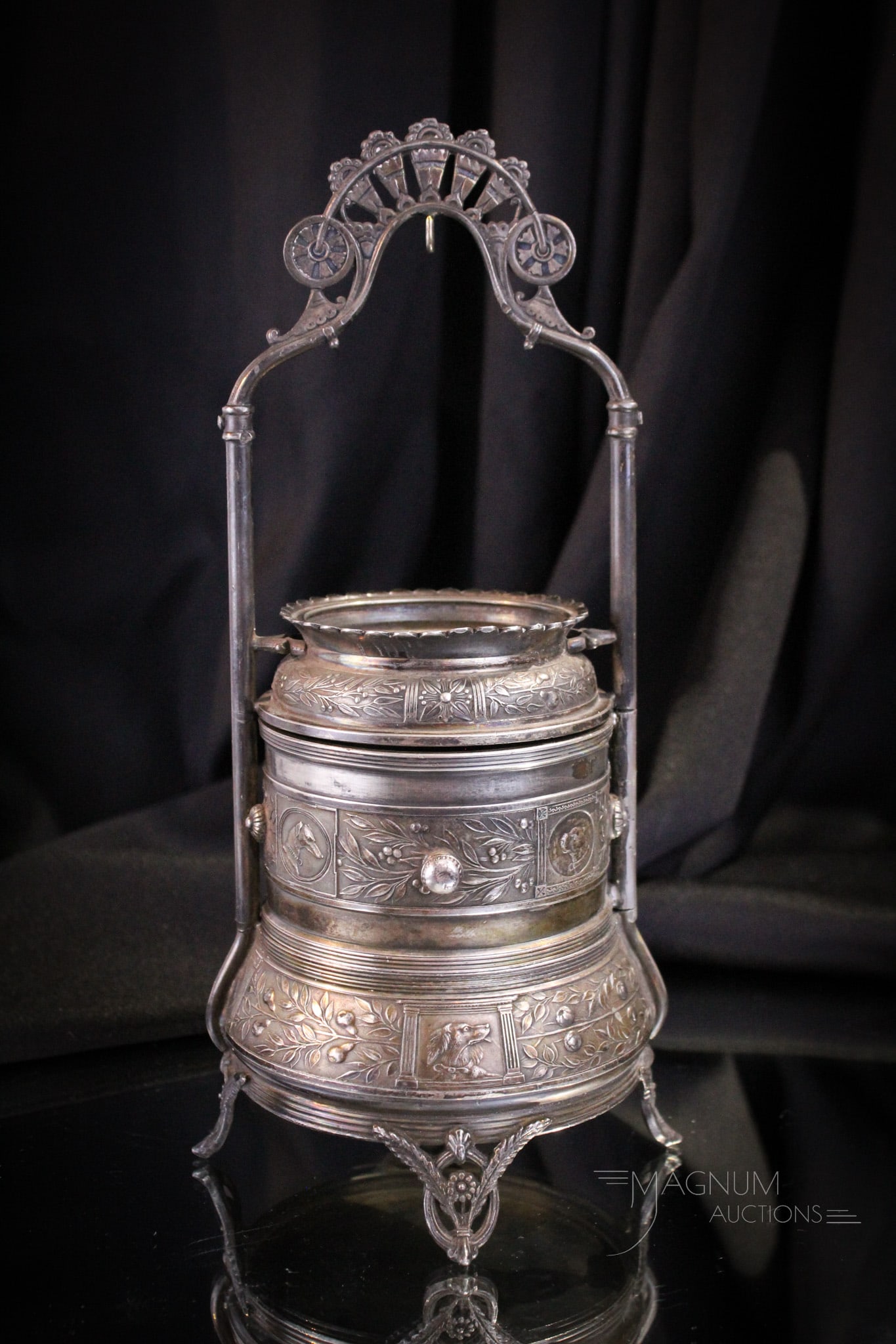 Victorian Reed & Barton Silverplate Mechanical Jewel Casket: Fine offering of a mechanical signed Reed & Barton Victorian silverplate. Piece is signed. Piece measures 11 1/4" tall.