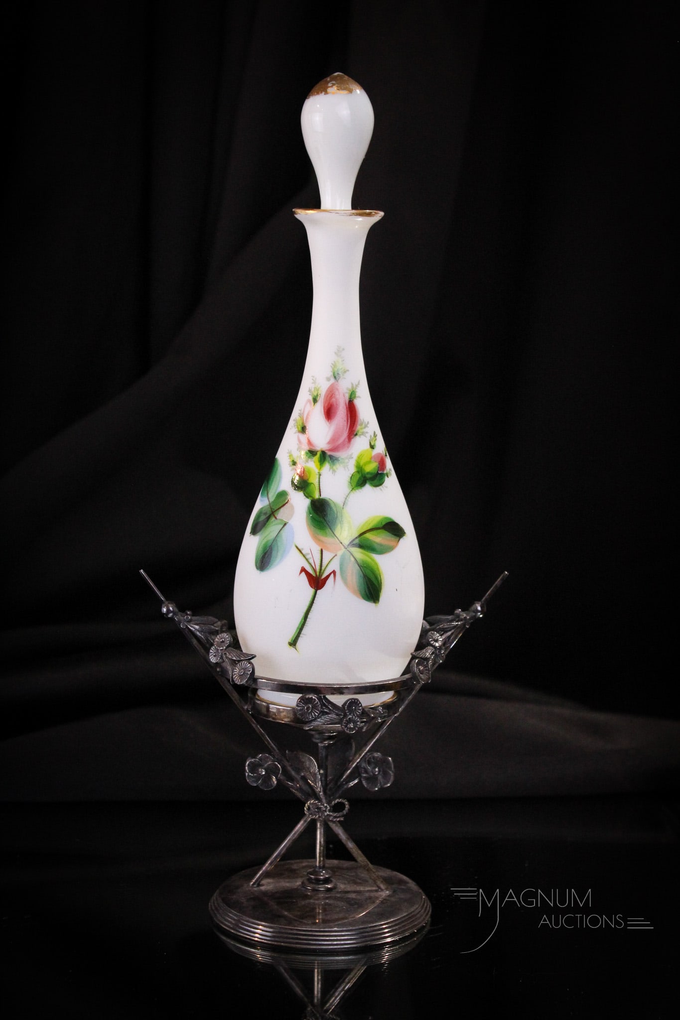 Meriden Victorian Silverplate Figural Perfume Bottle Castor: Fine Victorian Meriden silverplate perfume castor complete with opaline glass enameled bottle. Bottle is decorated with rose. Complete with stopper. Complete in stand measures 12" tall.