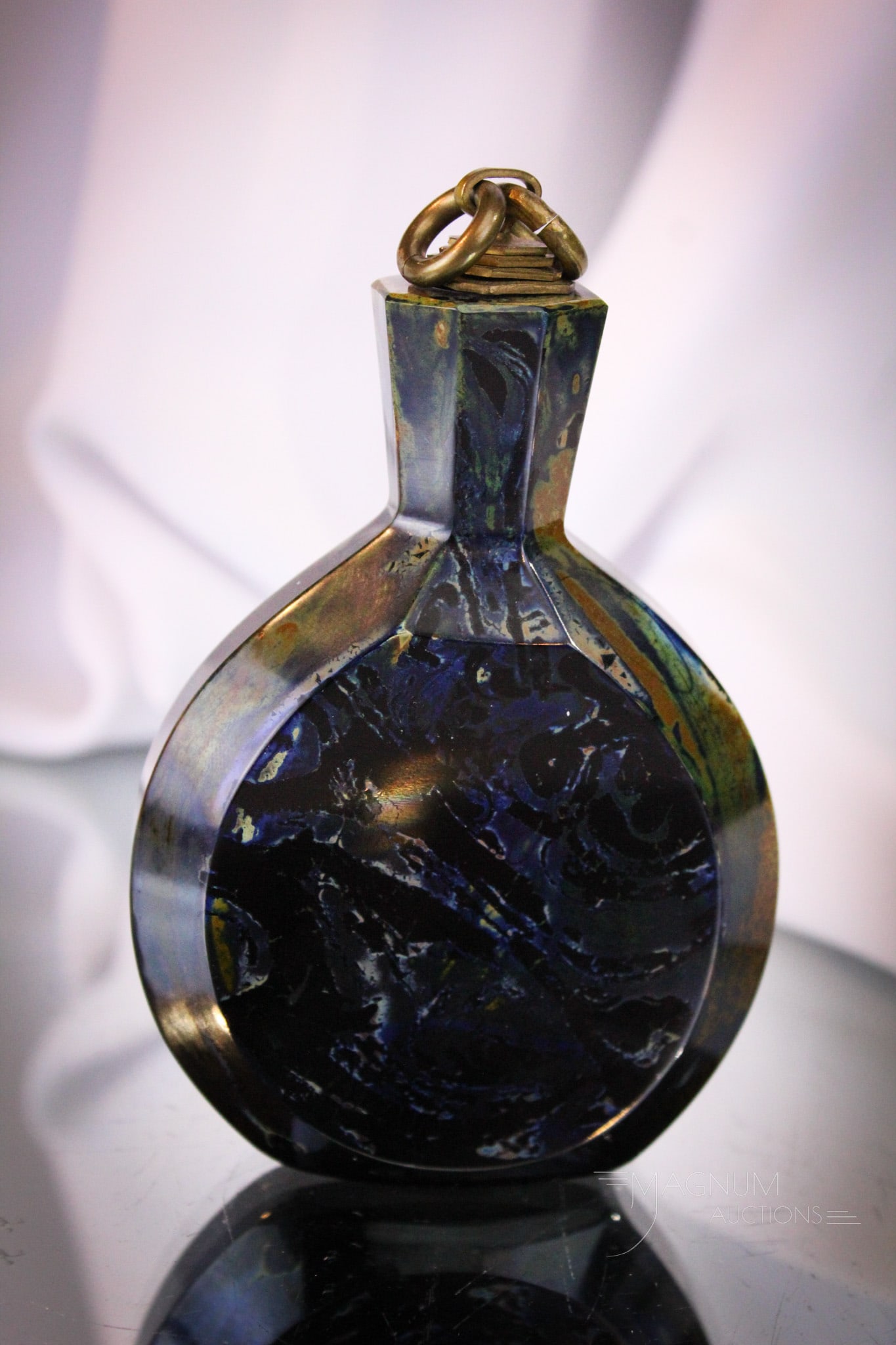 Victorian Egermann Green Lithalyn Glass Perfume Flask: Seldom seen Victorian Egermann green Lithalyn glass decorated perfume flask. Flask is complete with original brass stopper. Measures 4 1/2" long.