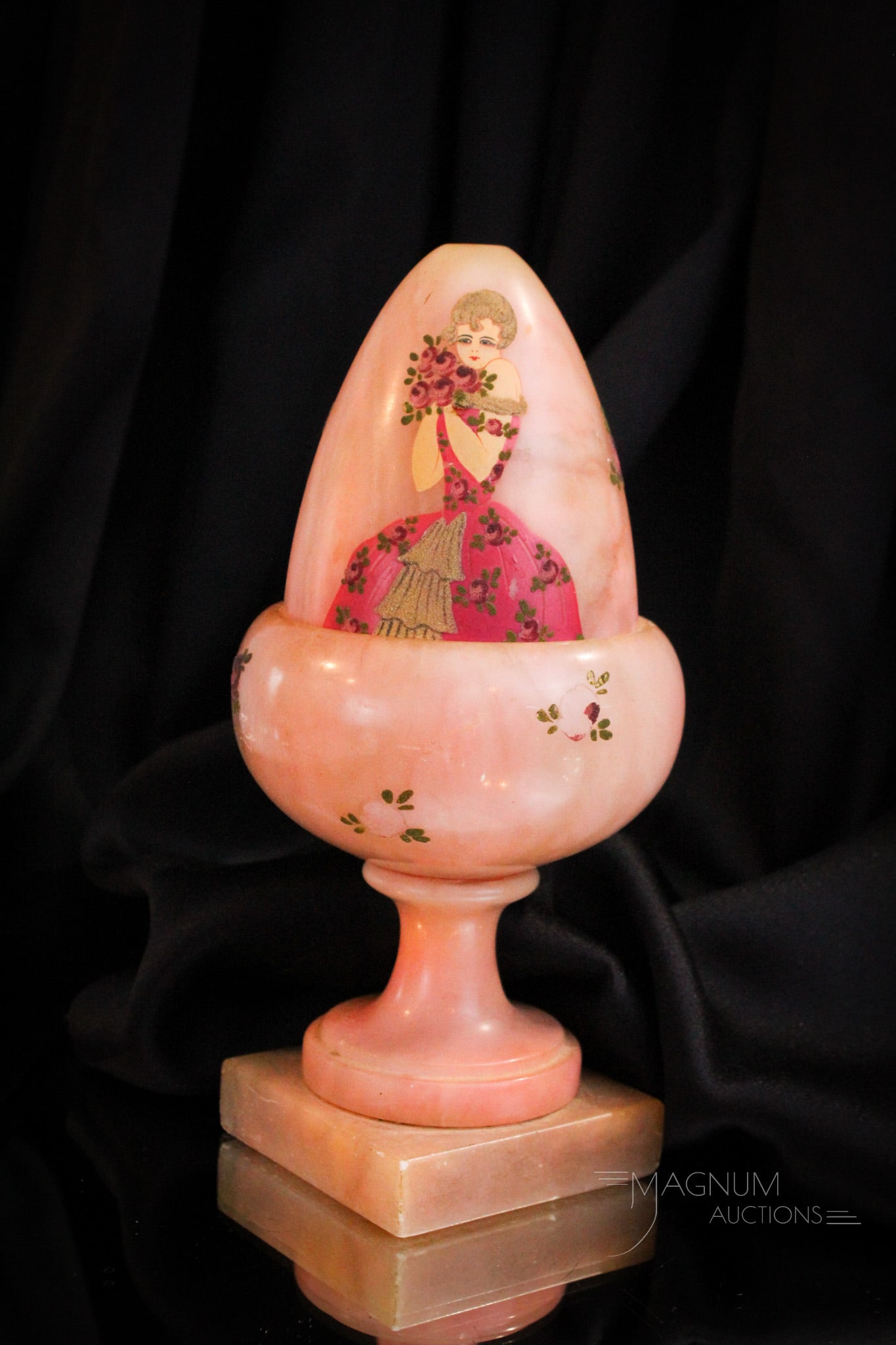 Art Deco Alabaster Perfume Lamp: Wonderful Art Deco rose colored alabaster perfume lamp enameled with 20's era lady and florals sprays around. Piece measures 10" tall.