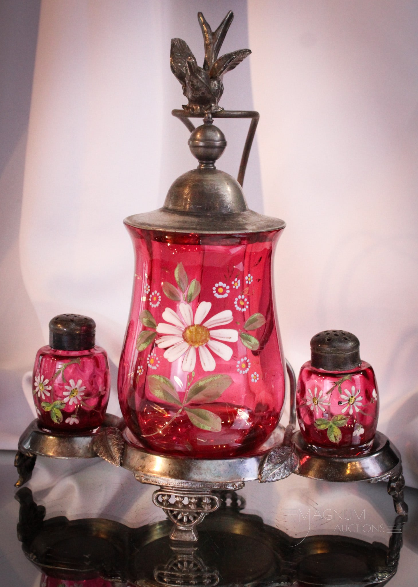 Lexington Victorian Silverplate Pickle Cranberry Enameled Glass Condiment Castor: Folks, this is beautiful! A signed Lexington silverplate Victorian pickle condiment castor in cranberry enameled glass. This set has a pickle jar in the center along with matching enameled salt and pe