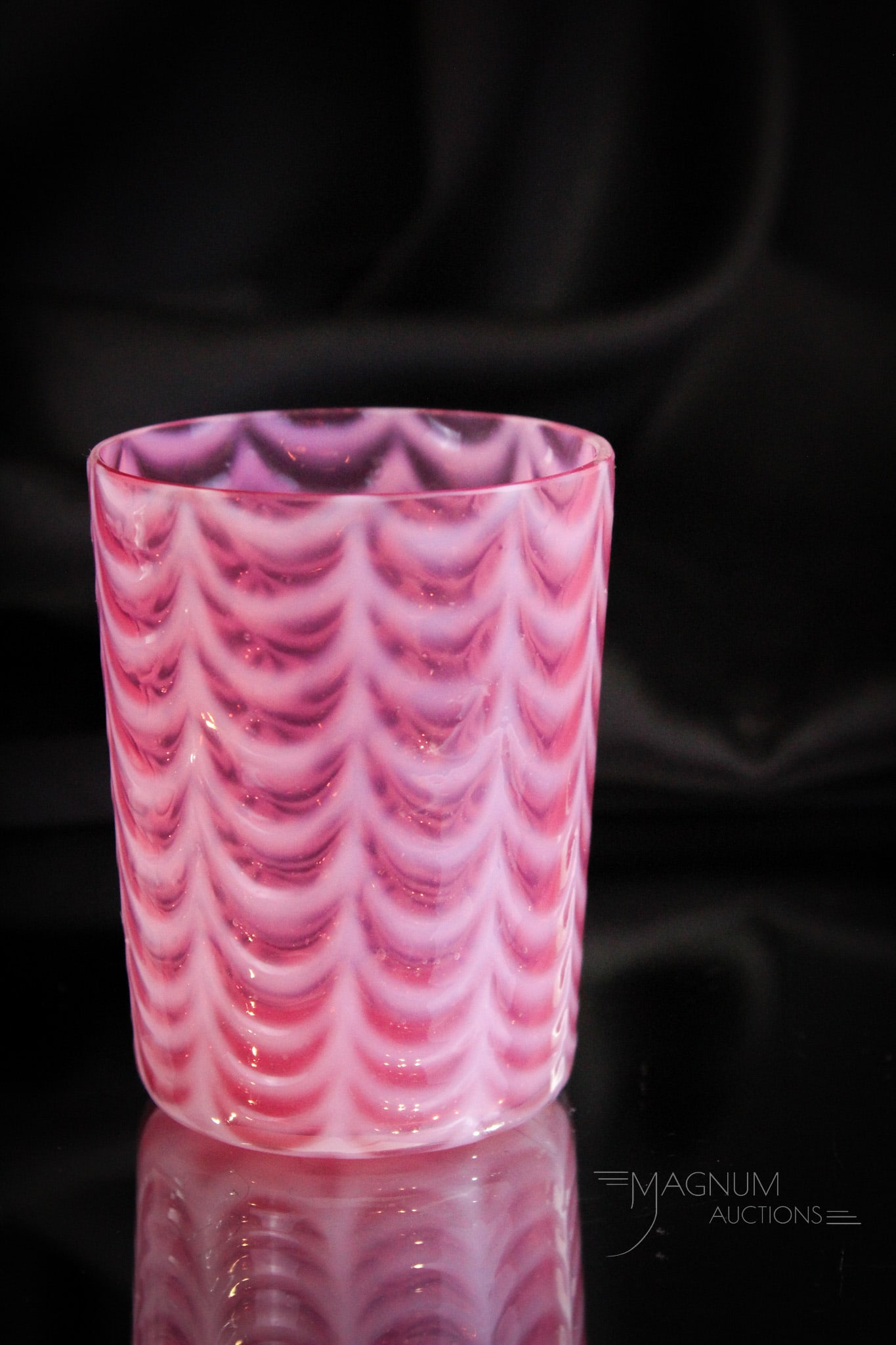 Scarce Cranberry Opalescent Phoenix Drape Victorian Tumbler: A tough one to find folks! This cranberry example in the Opal Drape pattern is seldom seen. Time to buy an antique is when you see it folks. Don't snooze and regret it. This tumbler measures 3 3/4" ta