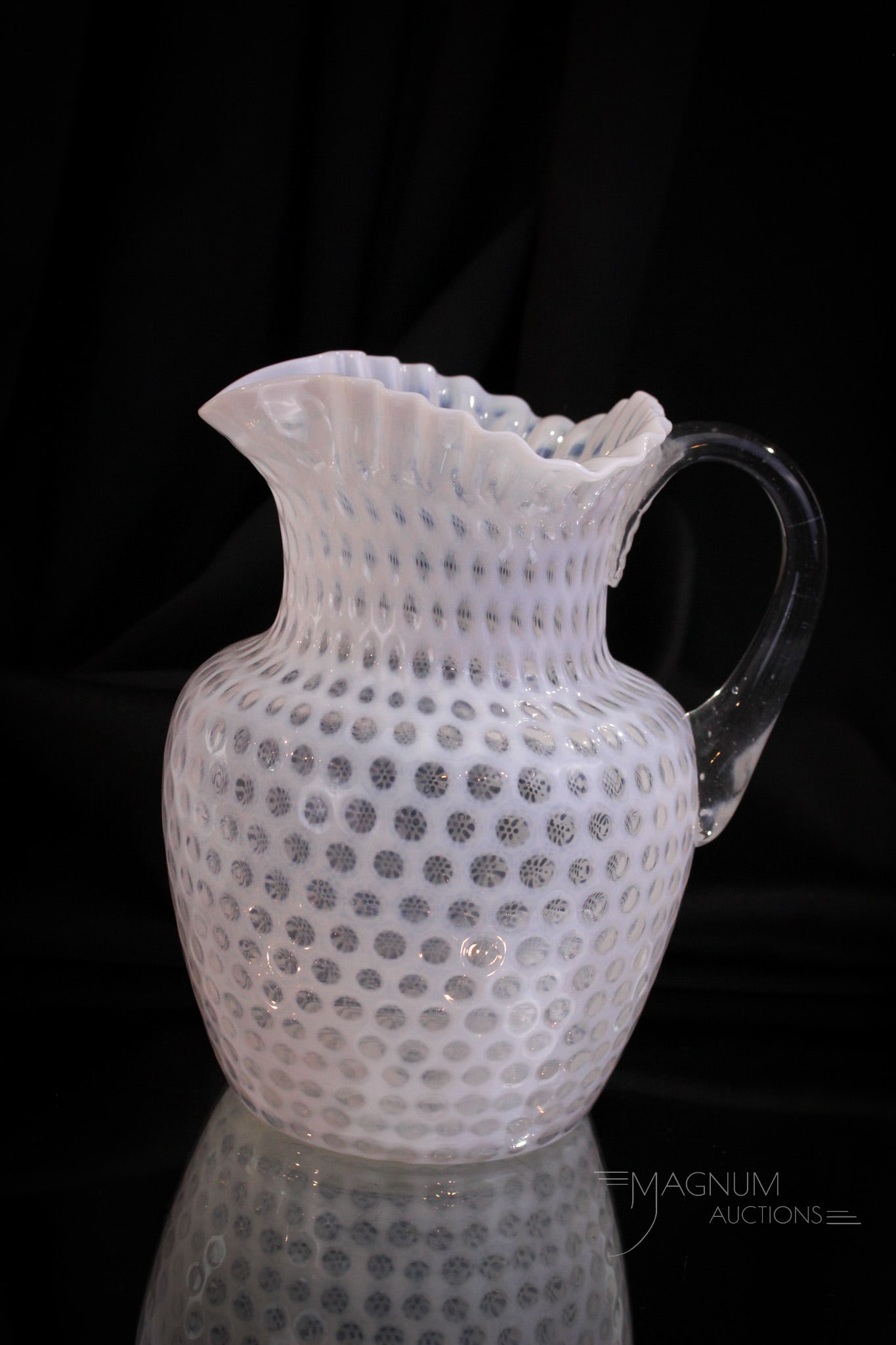 Hobb's Opalescent Windows Victorian Water Pitcher: Strong Victorian opal water pitcher in this Hobb's Windows pattern example. This one measures 8" tall.