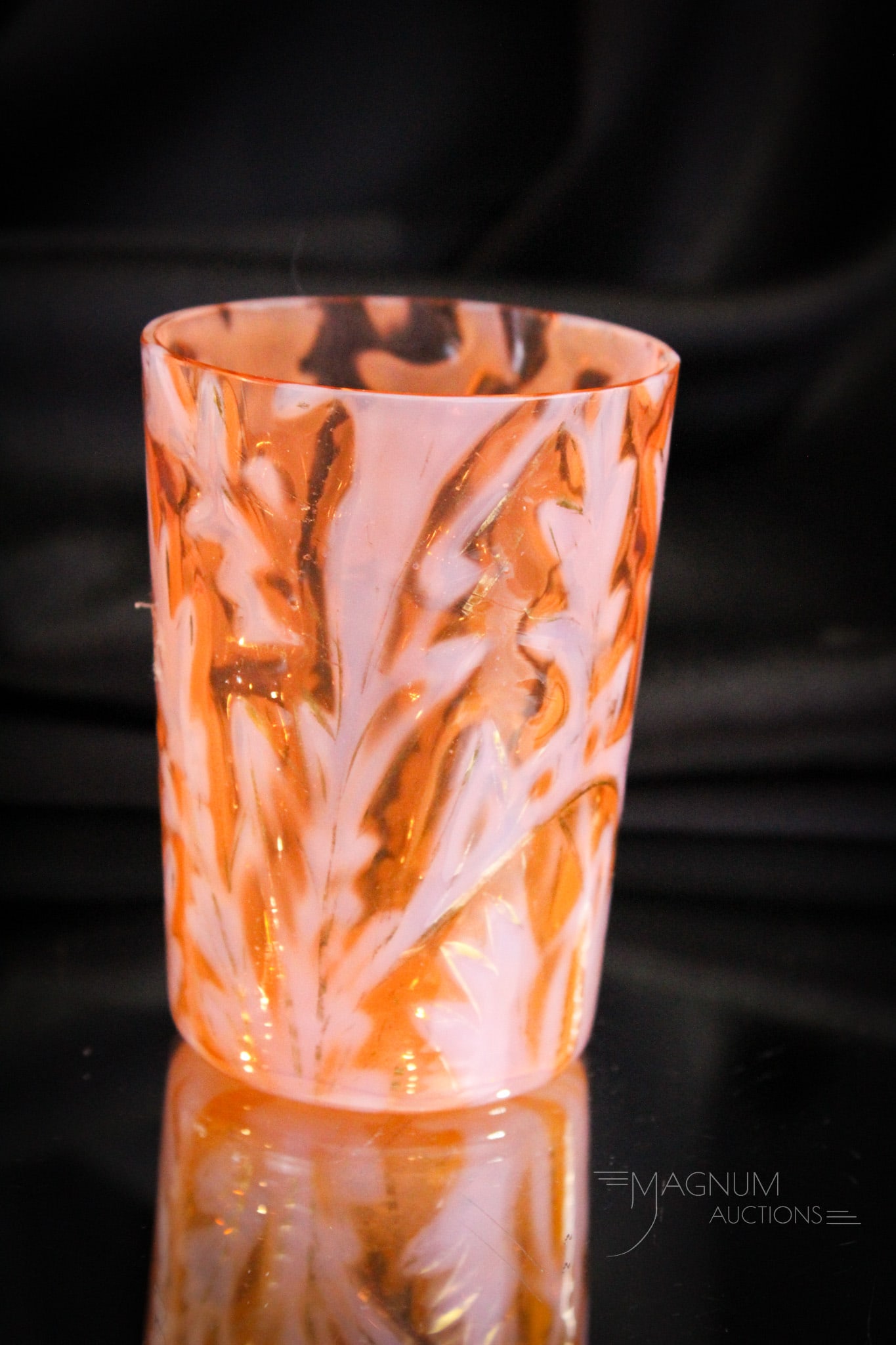 Rare Bittersweet Victorian Opalescent Scottish Moor Tumbler: Rarely seen bittersweet Victorian Scottish Moor pattern opalescent tumbler. A fine example. This one measures 3 3/4" tall.