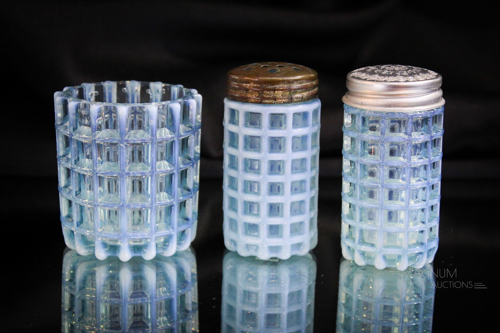 3 pc Lot Blue Opalescent Beatty Honeycomb Victorian Shakers & Toothpick: Select offering of three fine pieces of Beatty Honeycomb pattern in blue opalescent Victorian glass. This offering includes a pair of shakers along with a toothpick holder. Tallest measures 2 7/8".