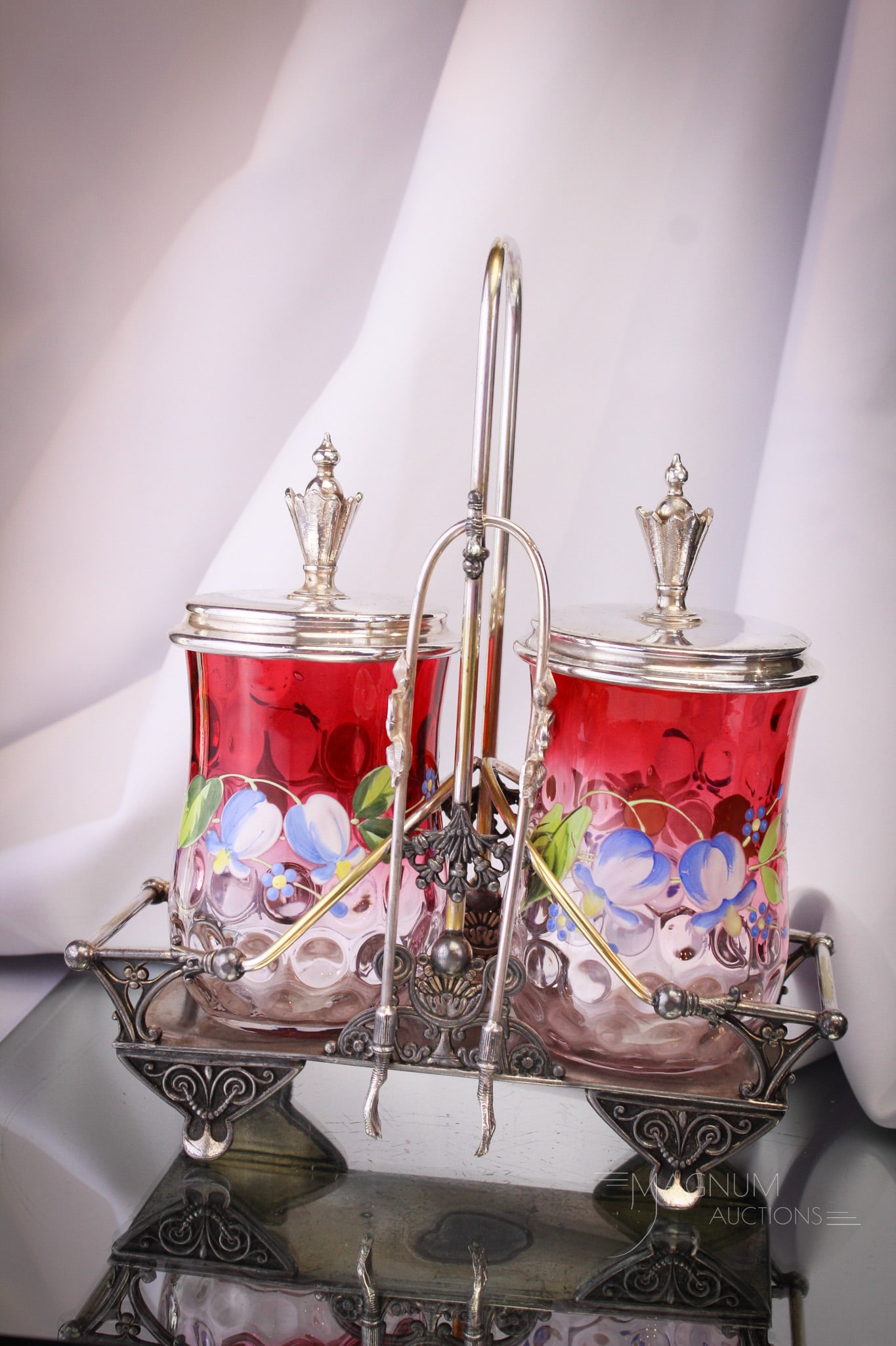Rare Rogers Victorian Enameled Cranberry Rubina Double Pickle Castor: rare find in this cranberry rubina enameled Victorian double pickle castor. The frame is signed Rogers silverplate. Fantastic example with everything going for it. Castor measures 10 1/4" tall.
