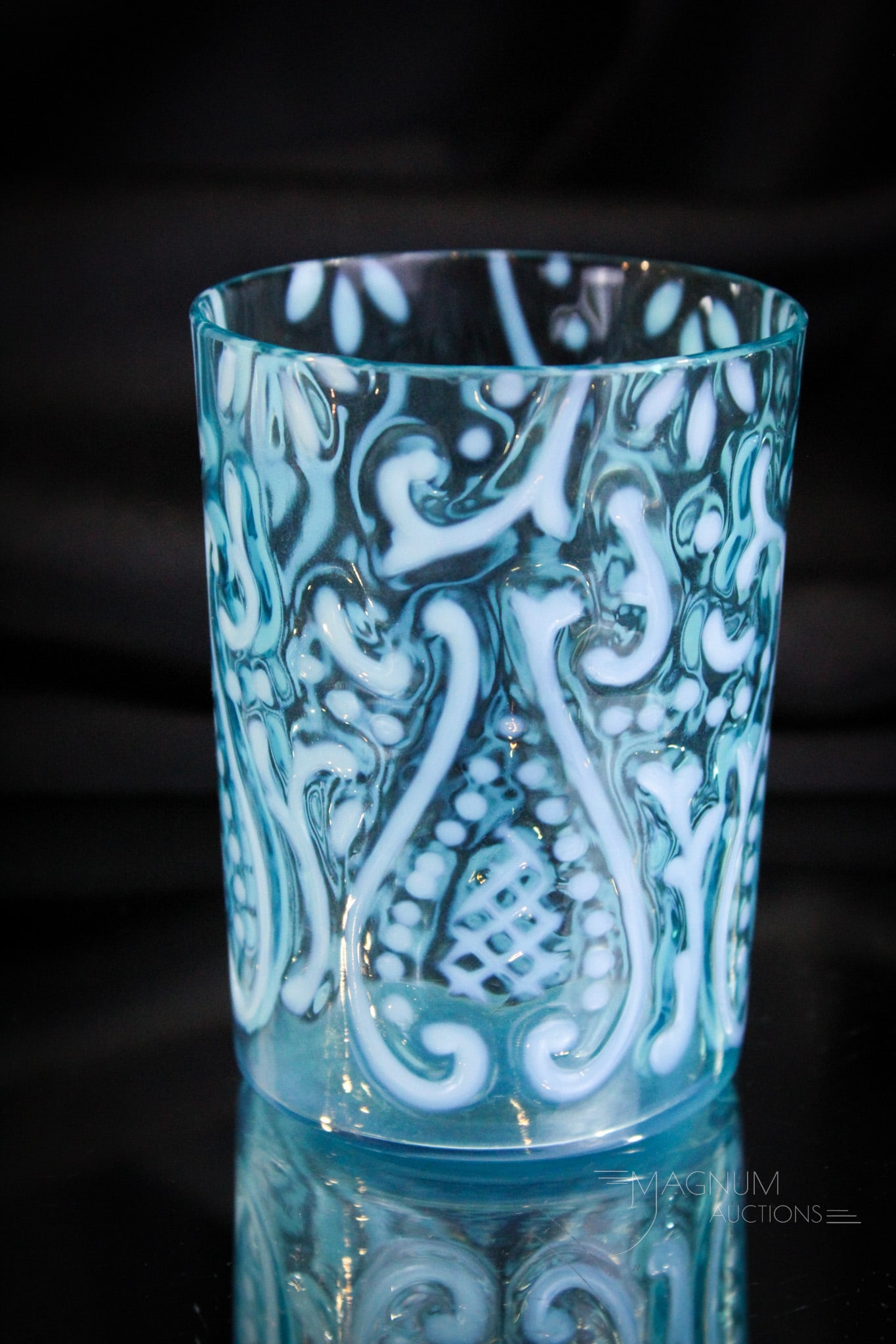 Blue Opalescent Arabian Nights Victorian Tumbler: Select offering in this blue opalescent Arabian Nights Victorian tumbler. This is a fine example. Strong opal too. It measures 3 3/4" tall.