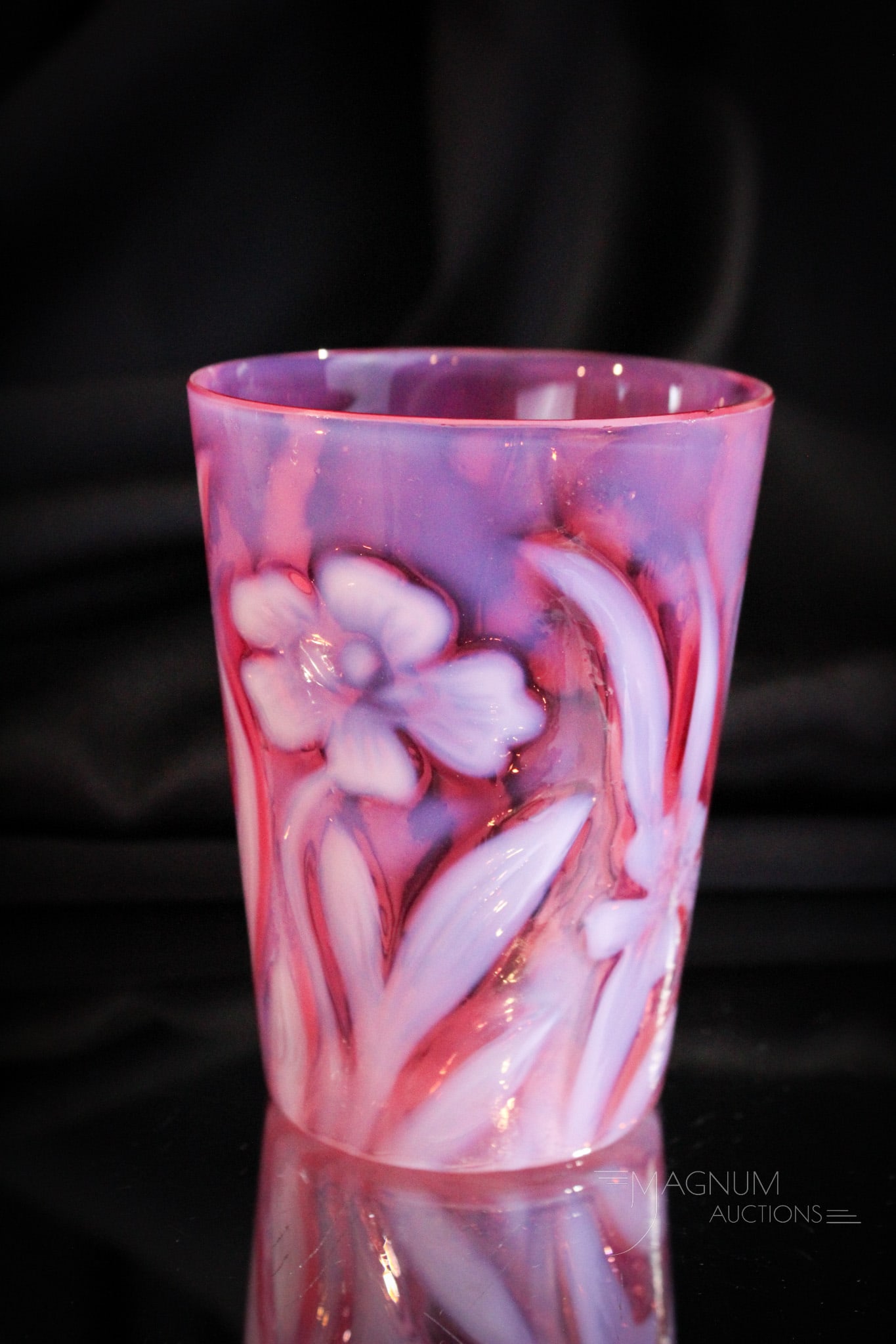 Northwood Cranberry Opalescent Daffodils VictorianTumbler: Seldom found Northwood cranberry opalescent Daffodils pattern tumbler. Always tough to find. This one measures 4" tall. Two minor nicks on rim possibly as made.