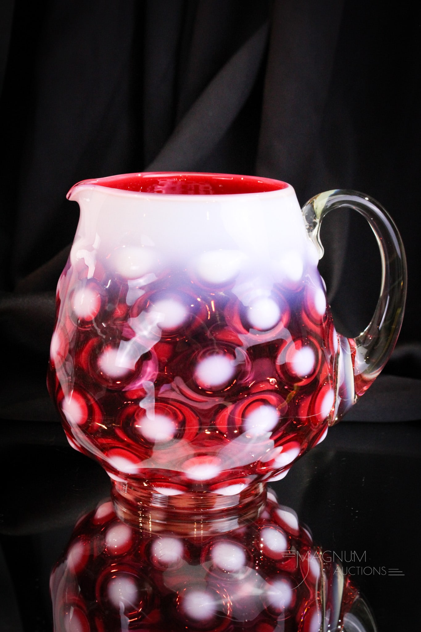 Rare Cranberry Opalescent Bullseye Victorian Water Pitcher: Rare, rare, rare! This pitcher is so rare folks and absolutely amazing! Deep rich succulent cherry cranberry color with brilliant crisp snowy white opalence. What more could one want? This pitcher mea