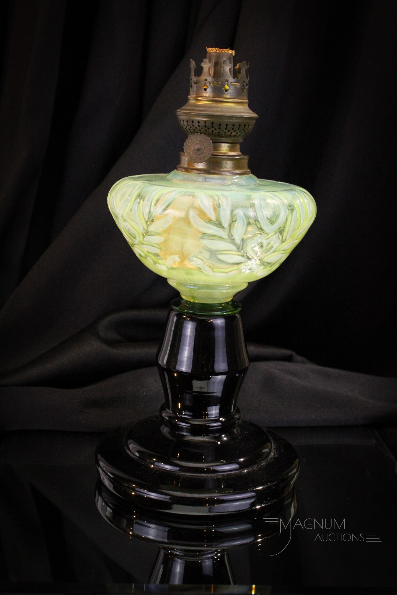 Victorian Black & Vaseline Opalescent Glass Leaf & Garland Oil Lamp: Fabulous Victorian black and vaseline opalescent glass oil lamp in the Leaf & Garland pattern. This one quite nice and showy. A welcome addition to any collection. This lamp measures 9 1/4" tall to th
