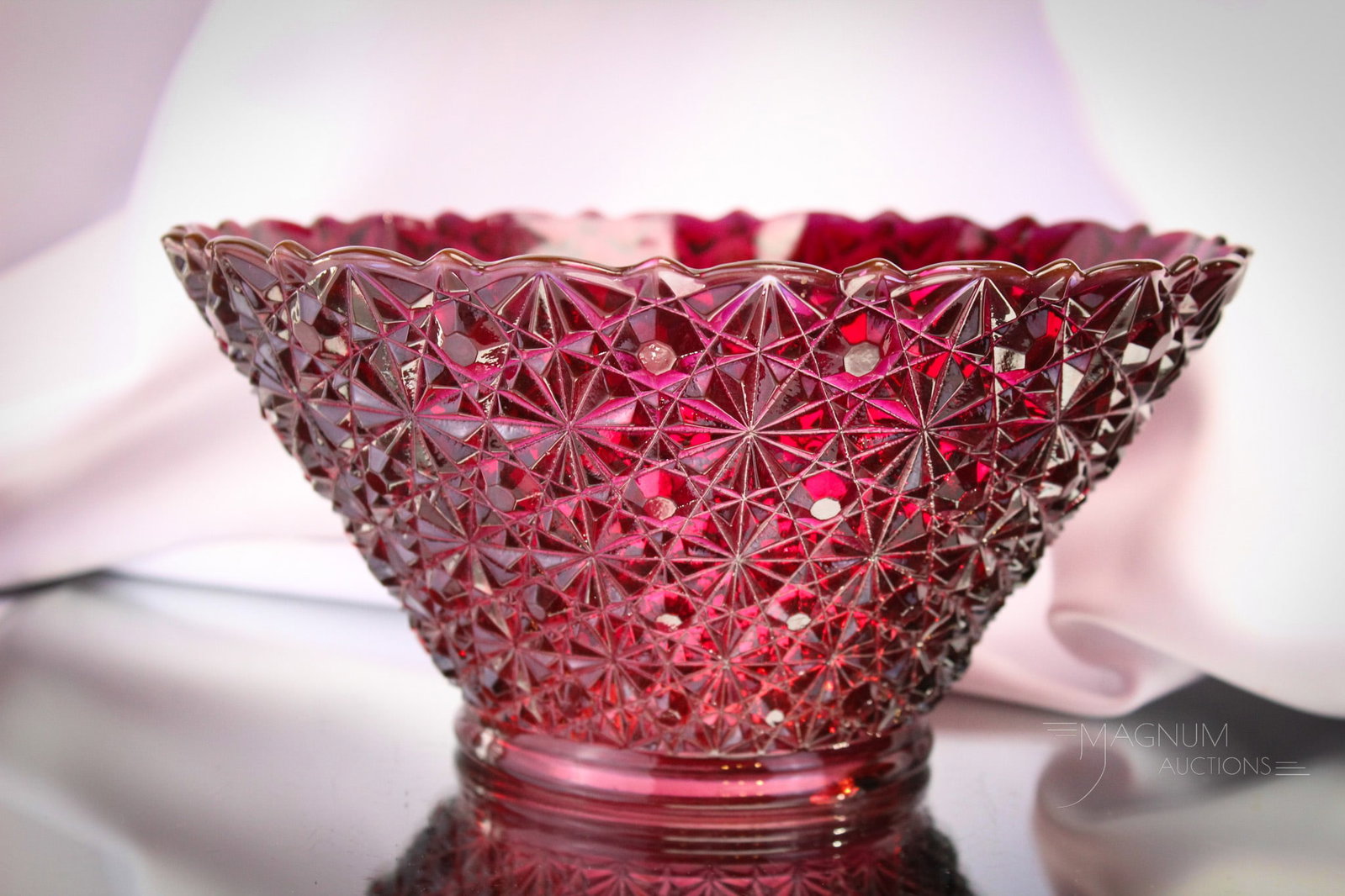 Hobb's Amberina Victorian Daisy & Button Glass Shade: Fine with super color Hobb's daisy and Button pattern Victorian glass shade. This shade almost has a purple hue to the glass. Shade measures 4" tall, 8 1/2" wide at the top, and a 4" fitter rim. Small