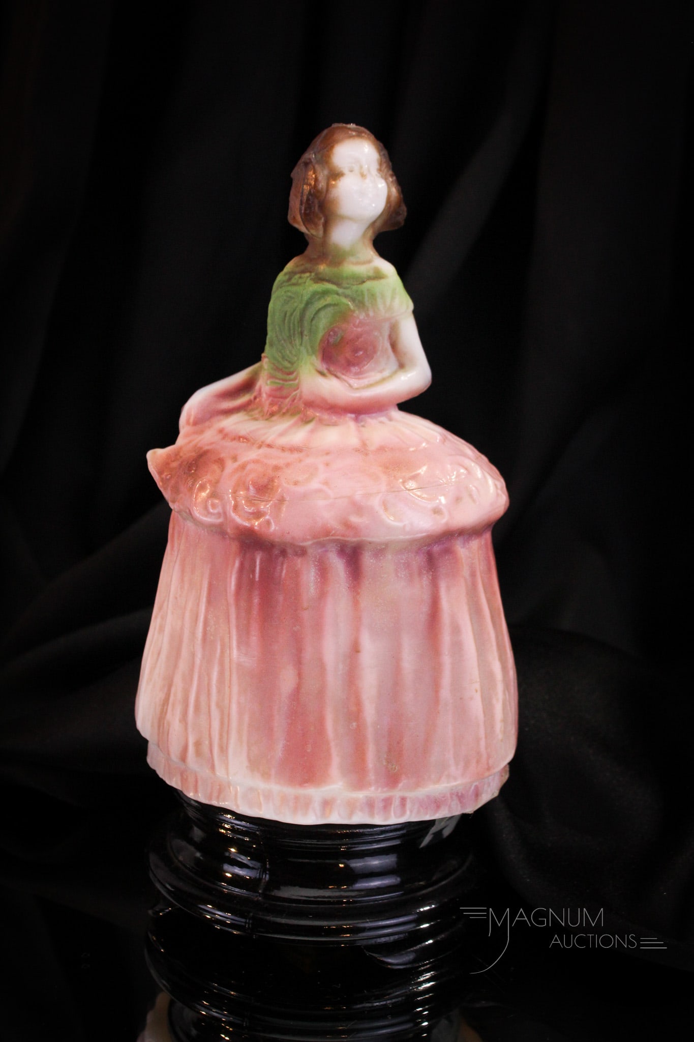 Tiffin Glass Colonial Lady Art Deco Lamp: Another fine offering of a Tiffin glass Art Deco lamp. This one in the Colonial Lady pattern. Complete with original black base. Lamp measures 10 1/4" tall.