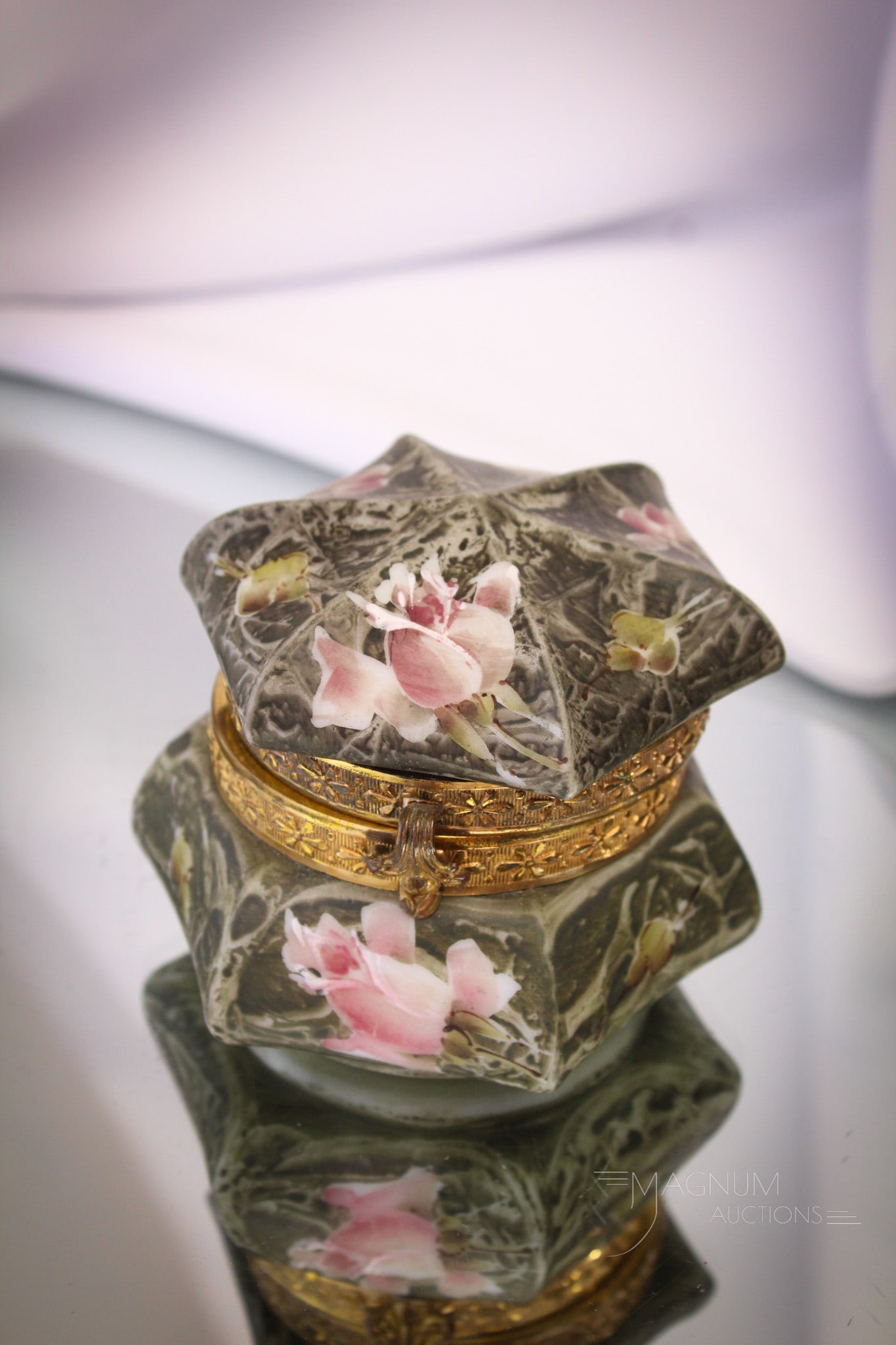 Wavecrest Kelva Victorian Glass Dresser Box: Fine Wavecrest Kelva Victorian glass dresser box. This one with pink roses decoration. Box measures 3" tall, 3 3/4" wide.