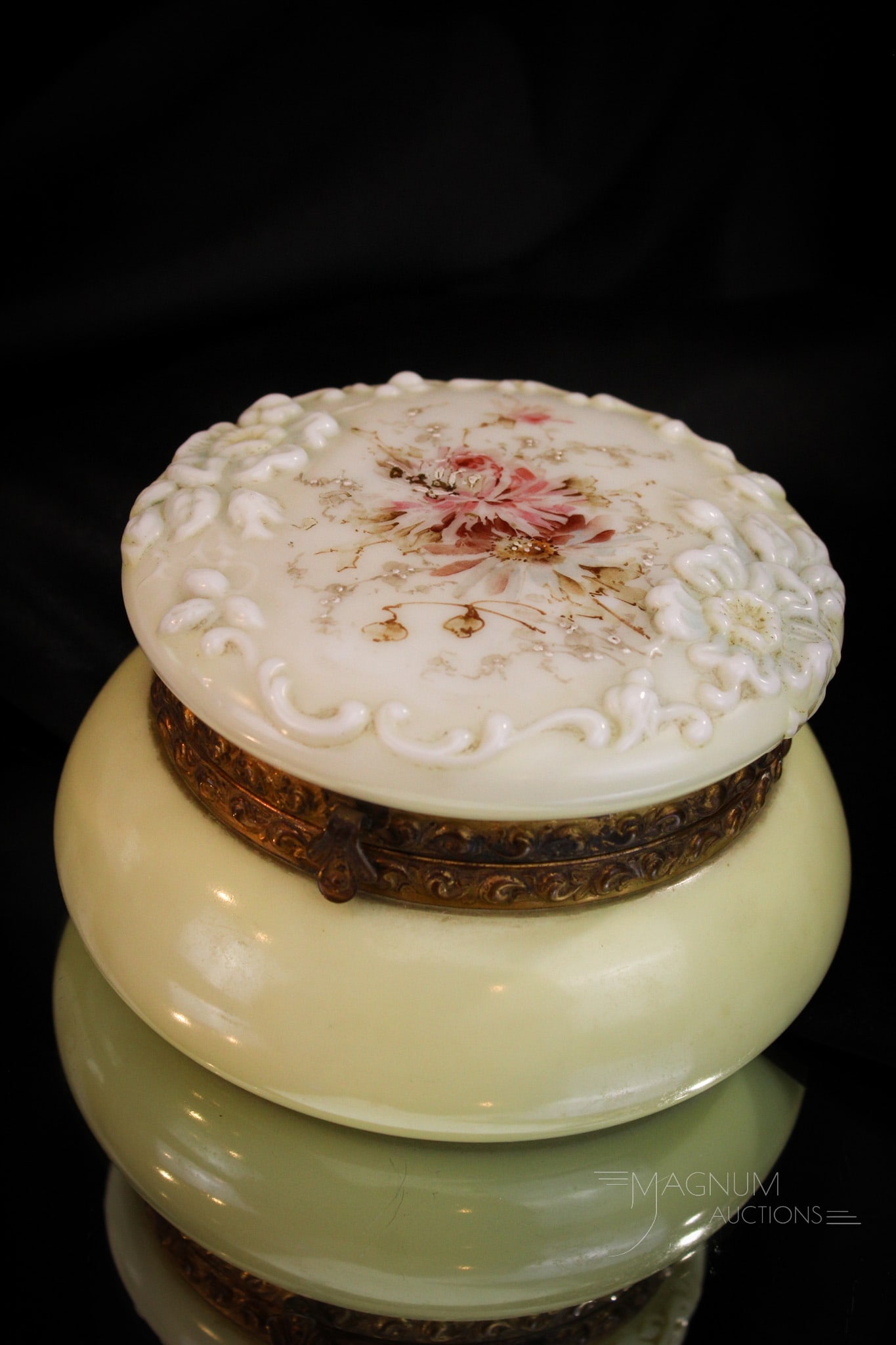 Signed Wavecrest Victorian Glass Embossed Dresser Box: Desirable Victorian signed wavecrest dresser box featuring embossed florals and decorated. This lovely box measures 3" tall, 5 1/2" in diameter.