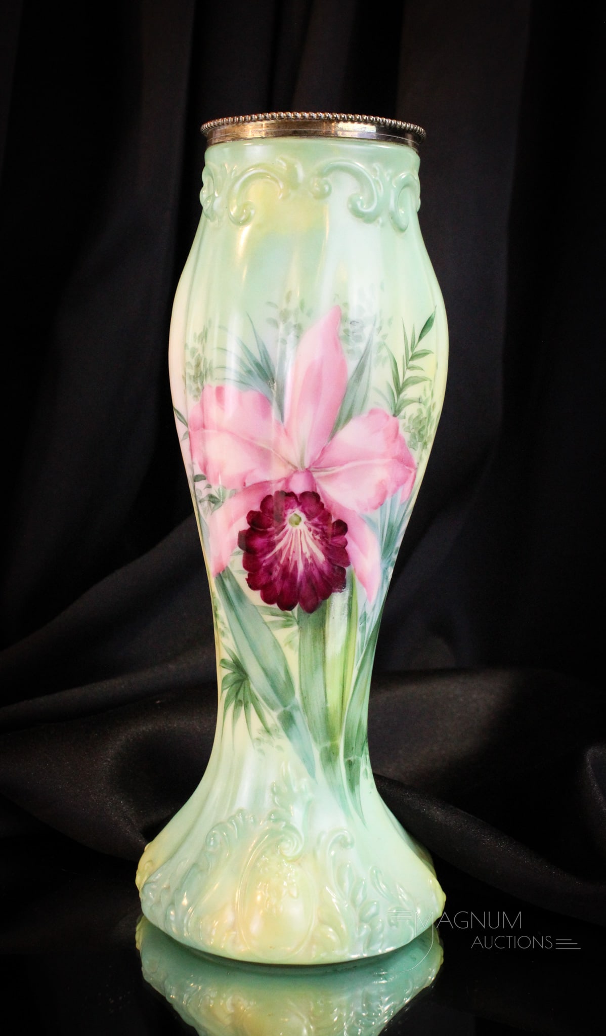 Signed Handel Victorian Glass 12" Vase: Beautiful Victorian signed Handel vase adorned with vibrant greens and pink lilies. Vase measures 12" tall.