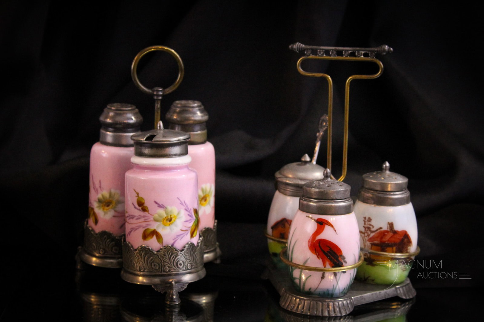 2 pc Lot Triple Victorian Glass Porcelain & Silverplate Condiment Sets: Two nice Victorian silverplate glass and porcelain condiment sets just waiting for a new home. One set is porcelain inserts in pink with daisy decoration set in a signed Wilcox frame. The other set fe