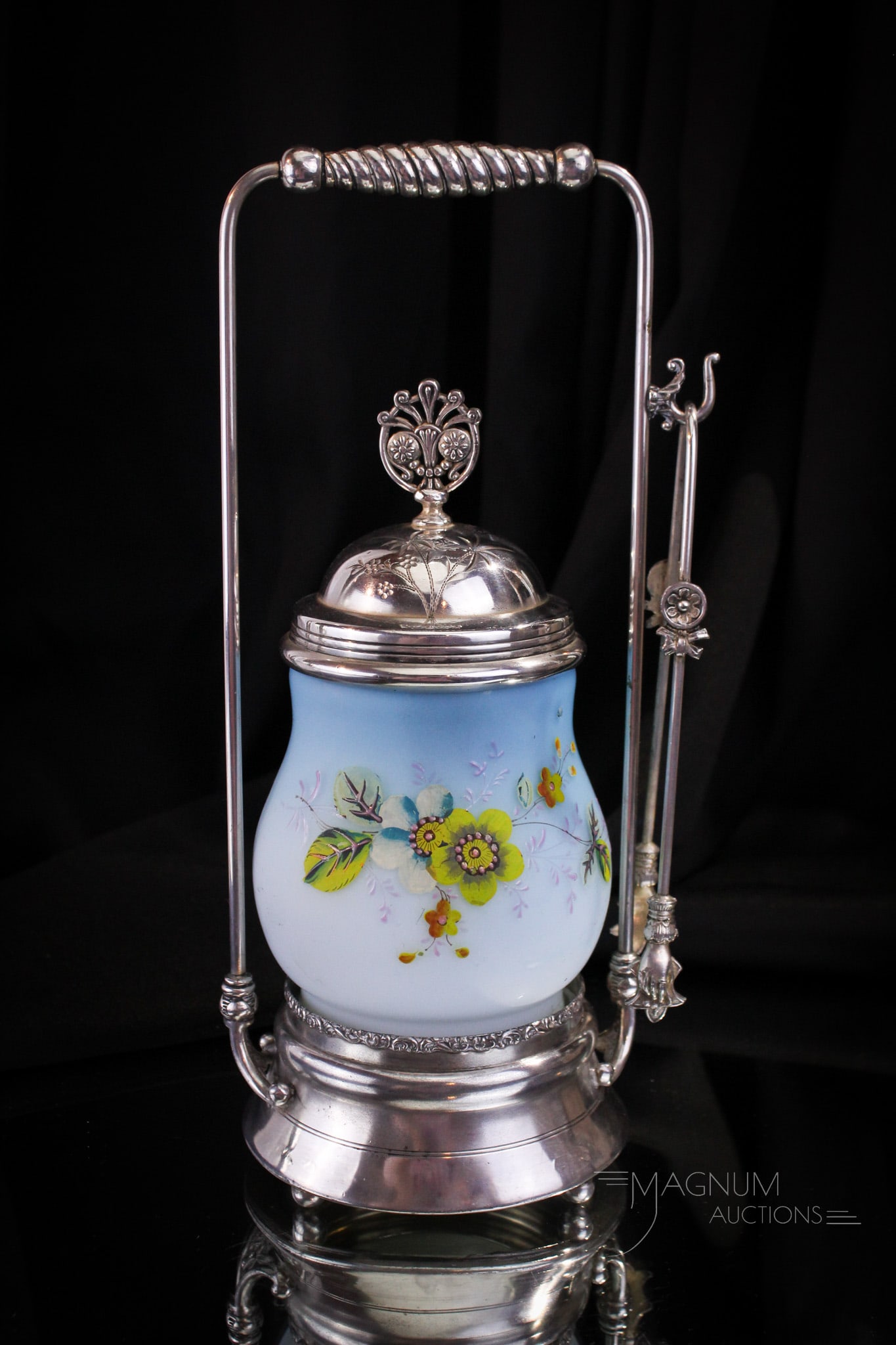 Blue Satin Enameled Victorian Silverplate Pickle Castor: Select example of a blue satin enameled Victorian pickle castor in lovely silverplate frame. This castor measures 11 3/4" tall.