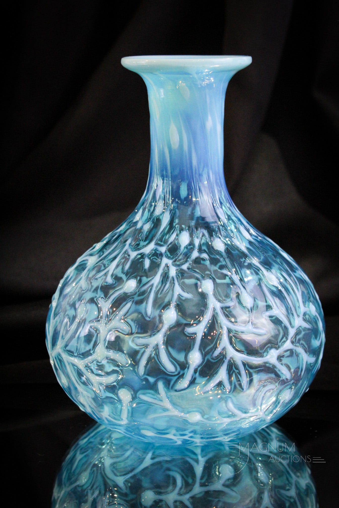 Rare Blue Opalescent Victorian Glass Seaweed Water Caraffe: Such a rare find! This piece is a truly rare piece! This Hobb's water caraffe is in blue opalescent with three-dimensional pattern. Beautiful blue color. Piece measures 7 1/2" tall.