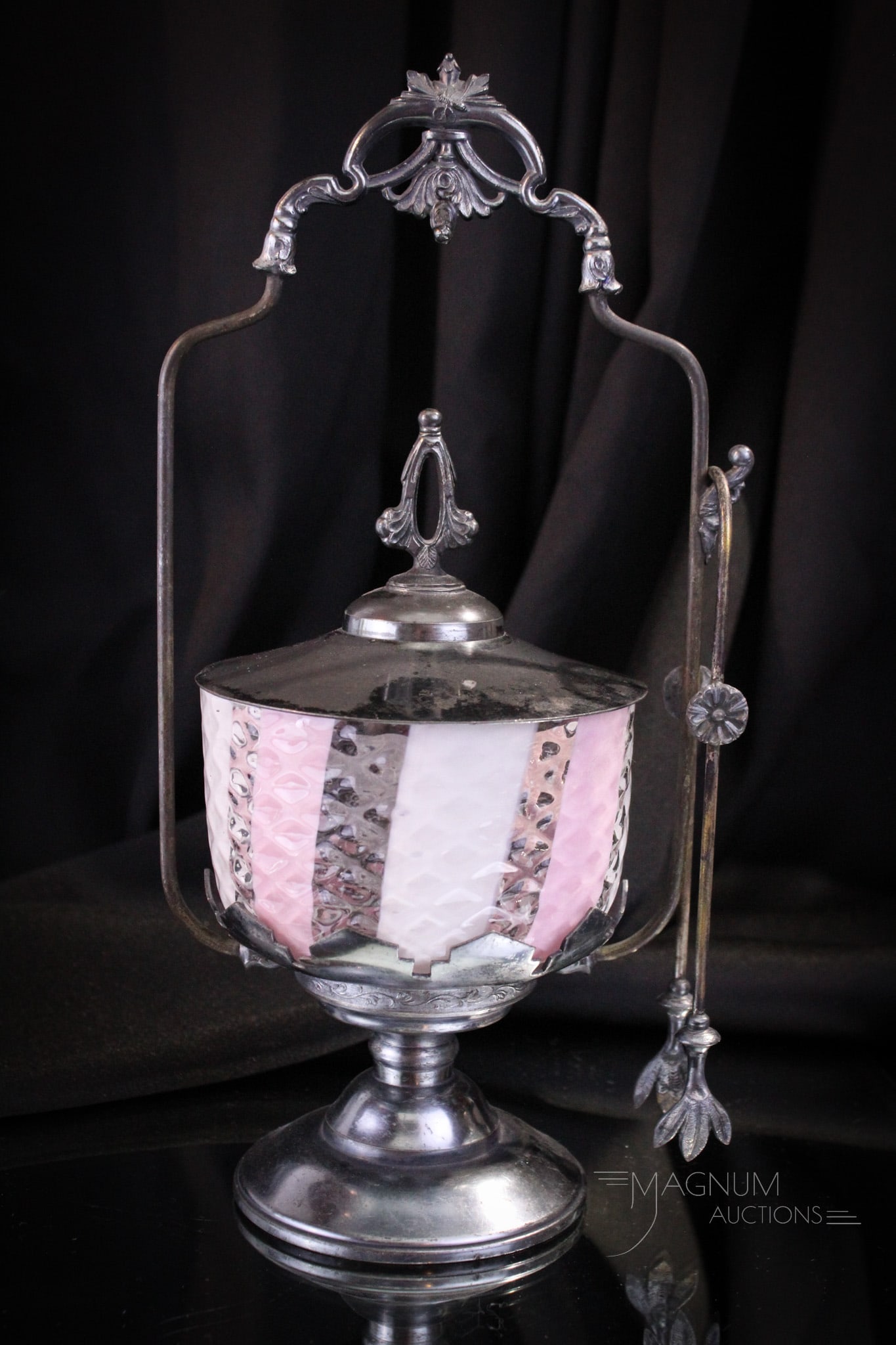 Aurora Silverplate Victorian Wide Stripe Sweetmeat Pickle Castor: How unusual is this Victorian pickle castor? Gorgeous pink and white wide stripe with diamond quilt pattern. Great tall frame. Lid hangs on the top of the frame for ease of serving. This fine piece is