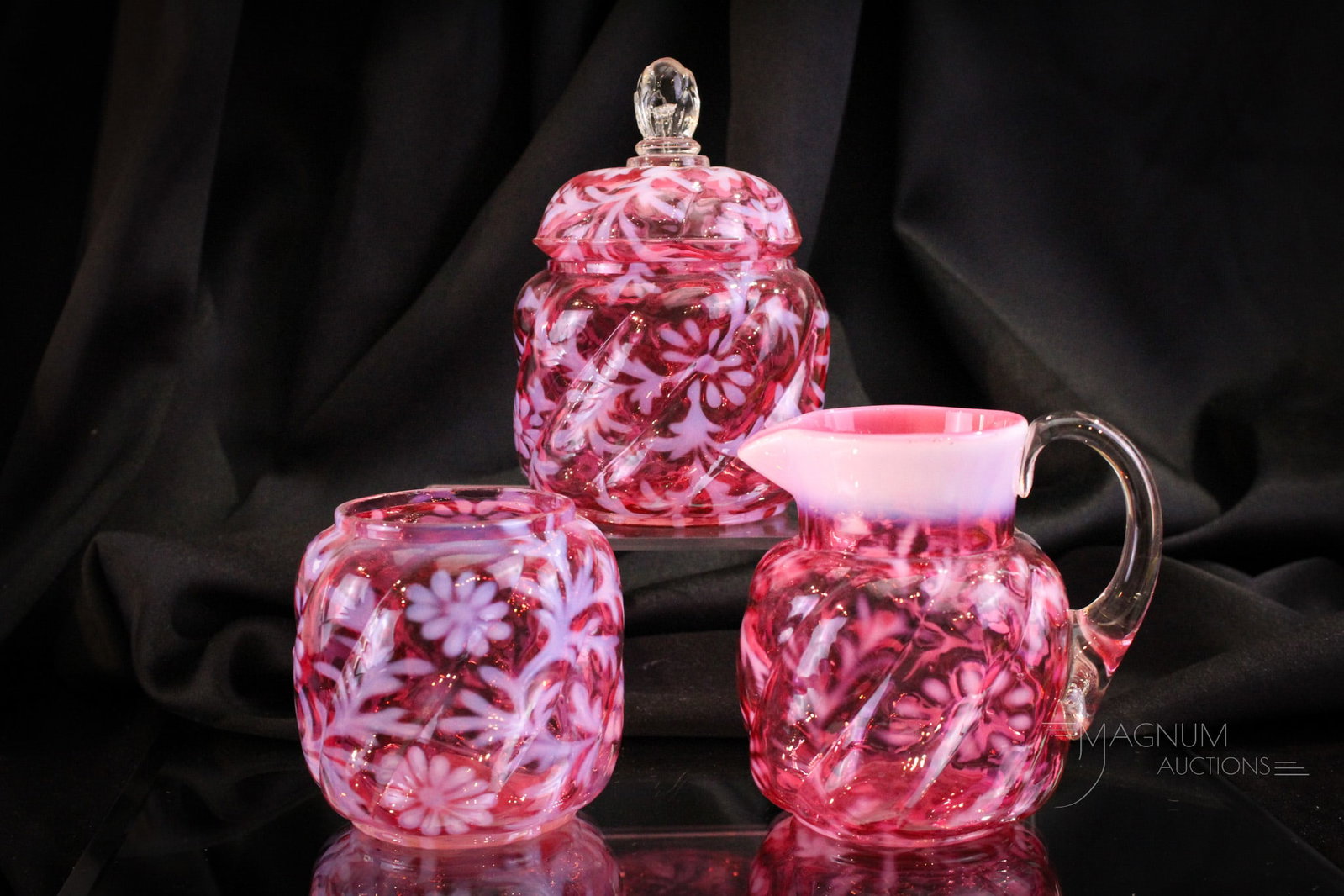 3 pc Lot Northwood Cranberry Opalescent Daisy & Fern Table Set: Three seldom seen examples in cranberry opalescent Northwood Daisy & Fern pattern. We have combine the creamer, spooner, and covered sugar bowl for your bidding pleasure. Sugar base with possibly as- 