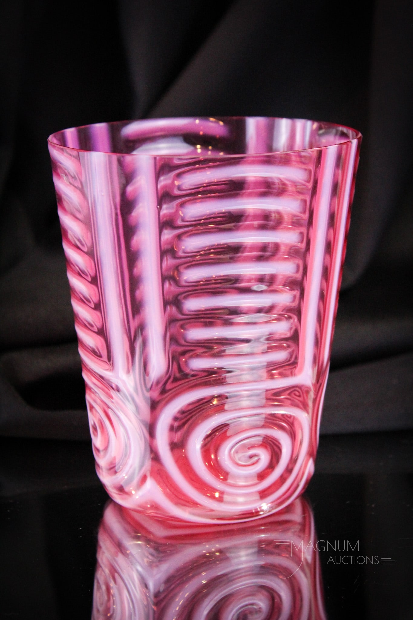 Cranberry Opalescent Victorian Glass Target Swirl Vase: Short version of the cranberry opalescent Target Swirl pattern in a vase. This one stands 5 1/2" tall. Nice opal and rich cranberry coloring.