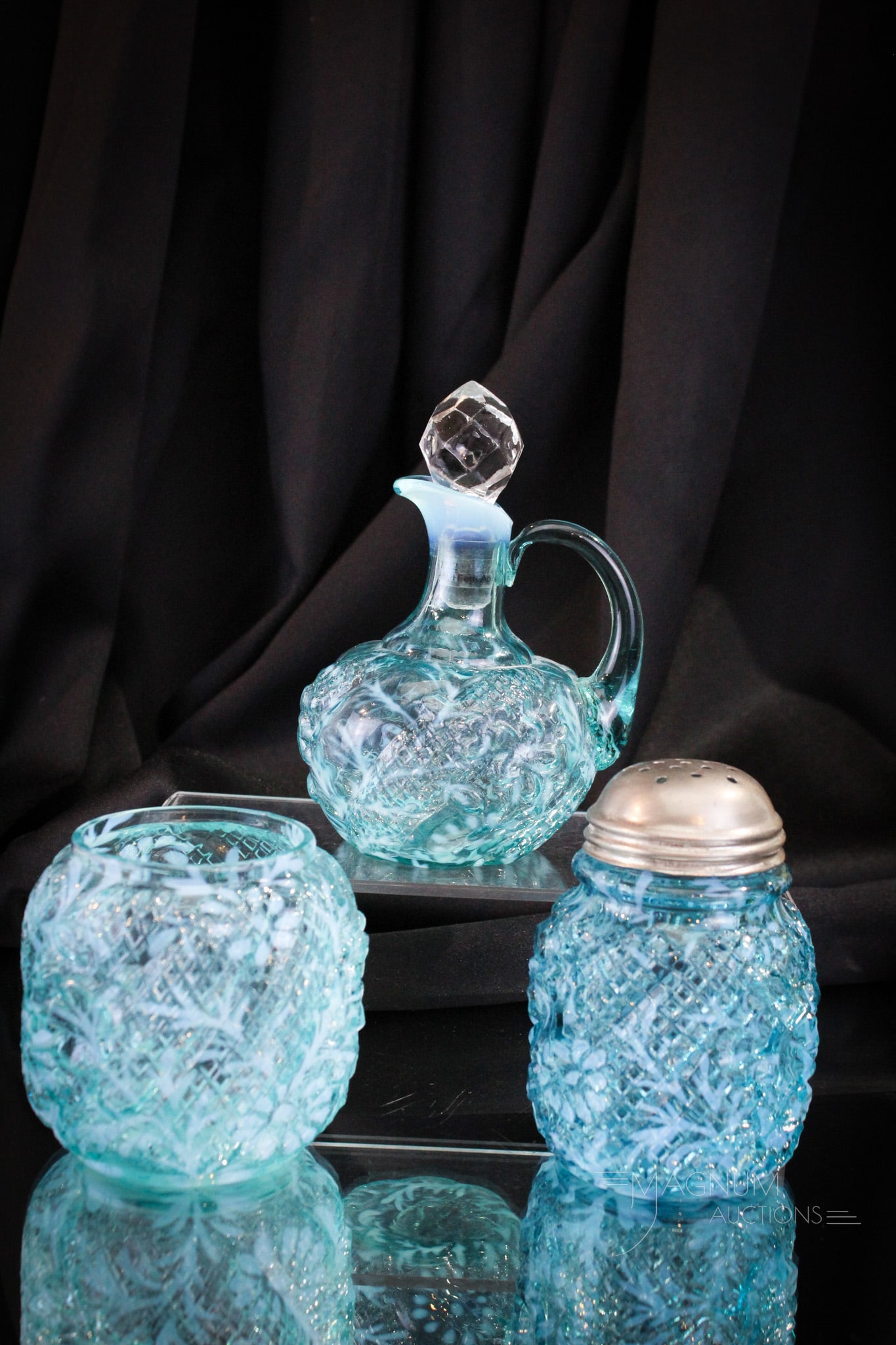 3 pc Lot Victorian Northwood Apple Blossom Mold Blue Opalescent Glass: Three hand-selected examples of Victorian Northwood glass in the Daisy & Fern pattern in the Apple Blossom mol. Included in this combo is a cruet, a sugar shaker, and completed by a spooner. All of th