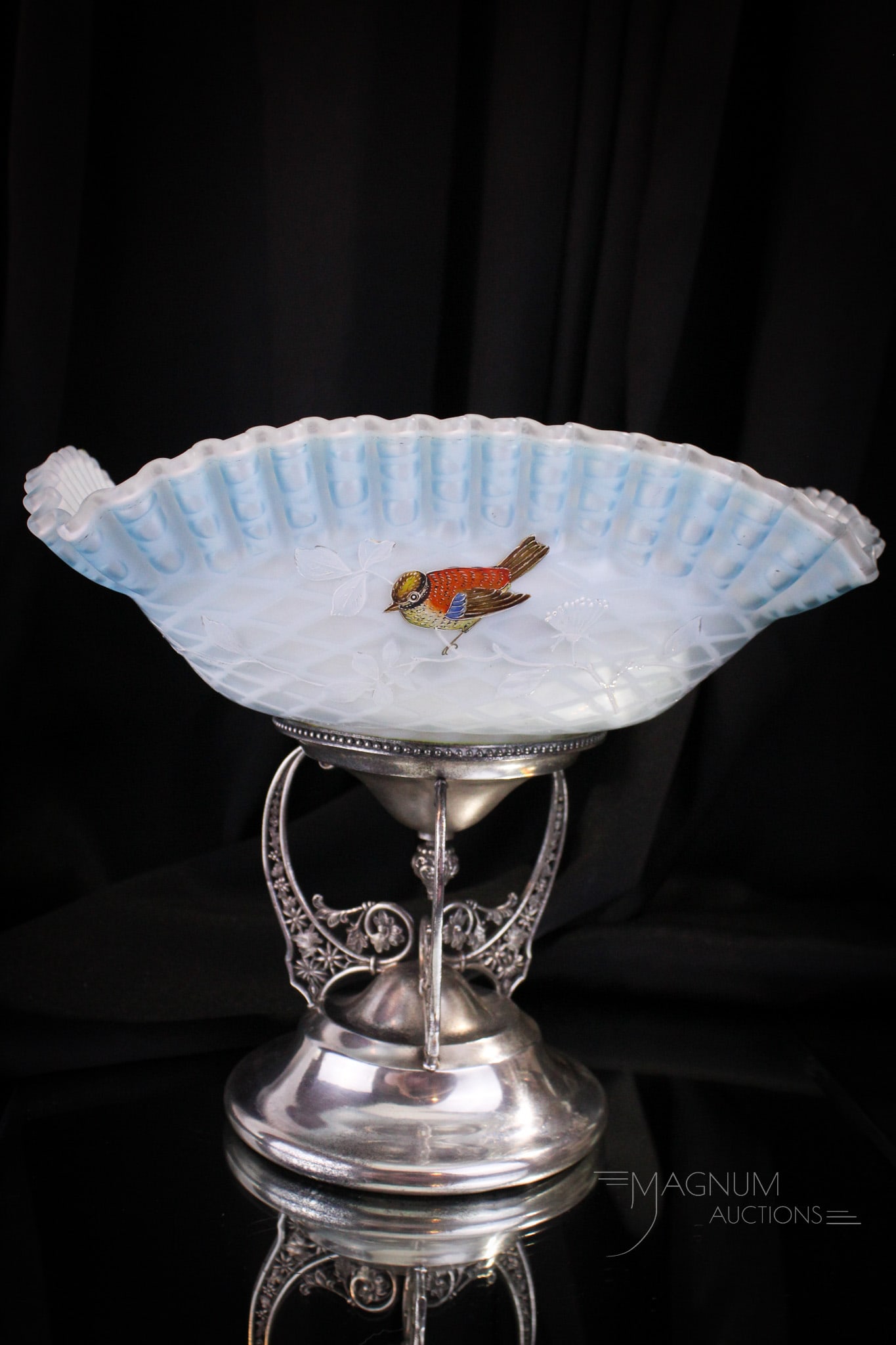 Victorian Blue Enameled Mother of Pearl Glass Brides Basket Bowl Centerpiece: Wonderful Victorian diamond quilt Mother of Pearl brides bowl centerpiece with signed silverplate holder. This wonderful bowl is decorated inside and out. It features an array of flowers and also a cu