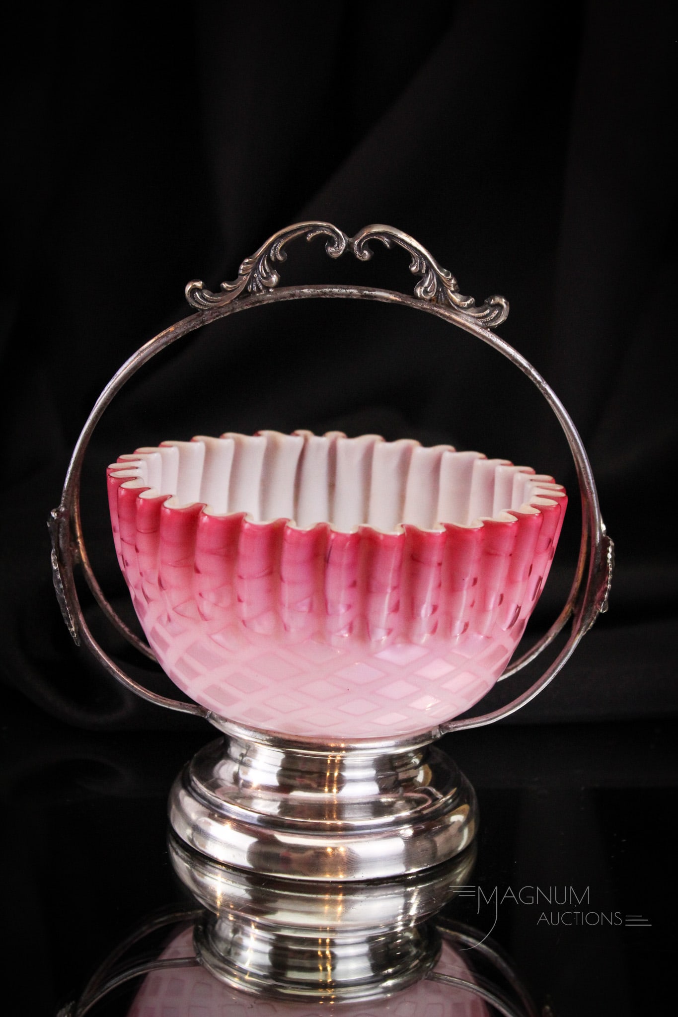 Fabulous Victorian Diamond Quilt Mother of Pearl Miniature Brides Basket: Always a find when you come across one of these miniature brides baskets. This one is in Diamond Quilt Mother of Pearl satin glass set in a signed silverplate holder. Complete piece measures a whoppin