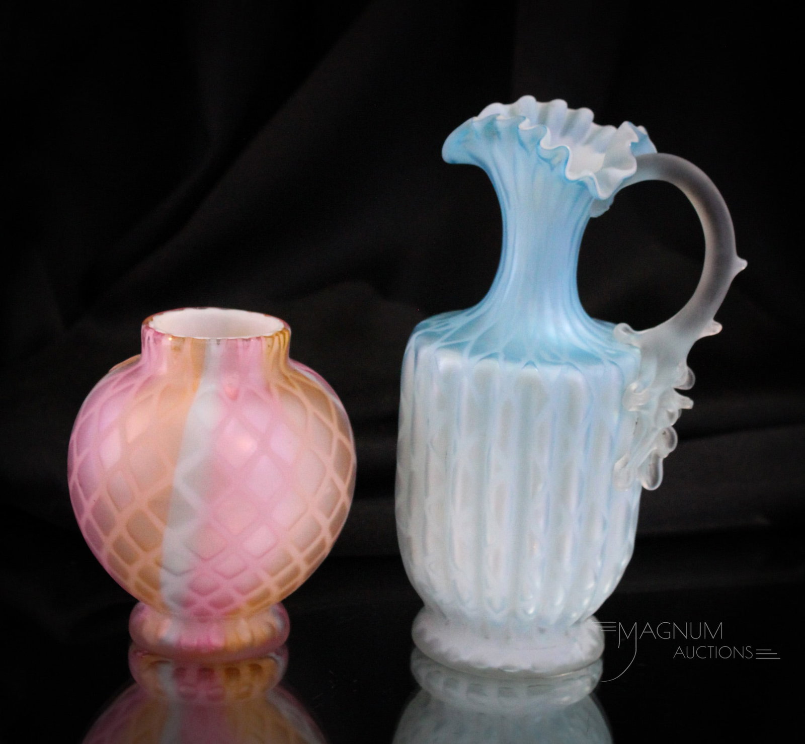 2 pc Lot Victorian Mother of Pearl Satin Glass Rainbow & More: Two sweet examples of Victorian Mother of Pearl satin glass. A rainbow diminutive cabinet vase in the diamond quilt pattern. This vase along with a blue ewer with applied thorn handle. Tallest measure