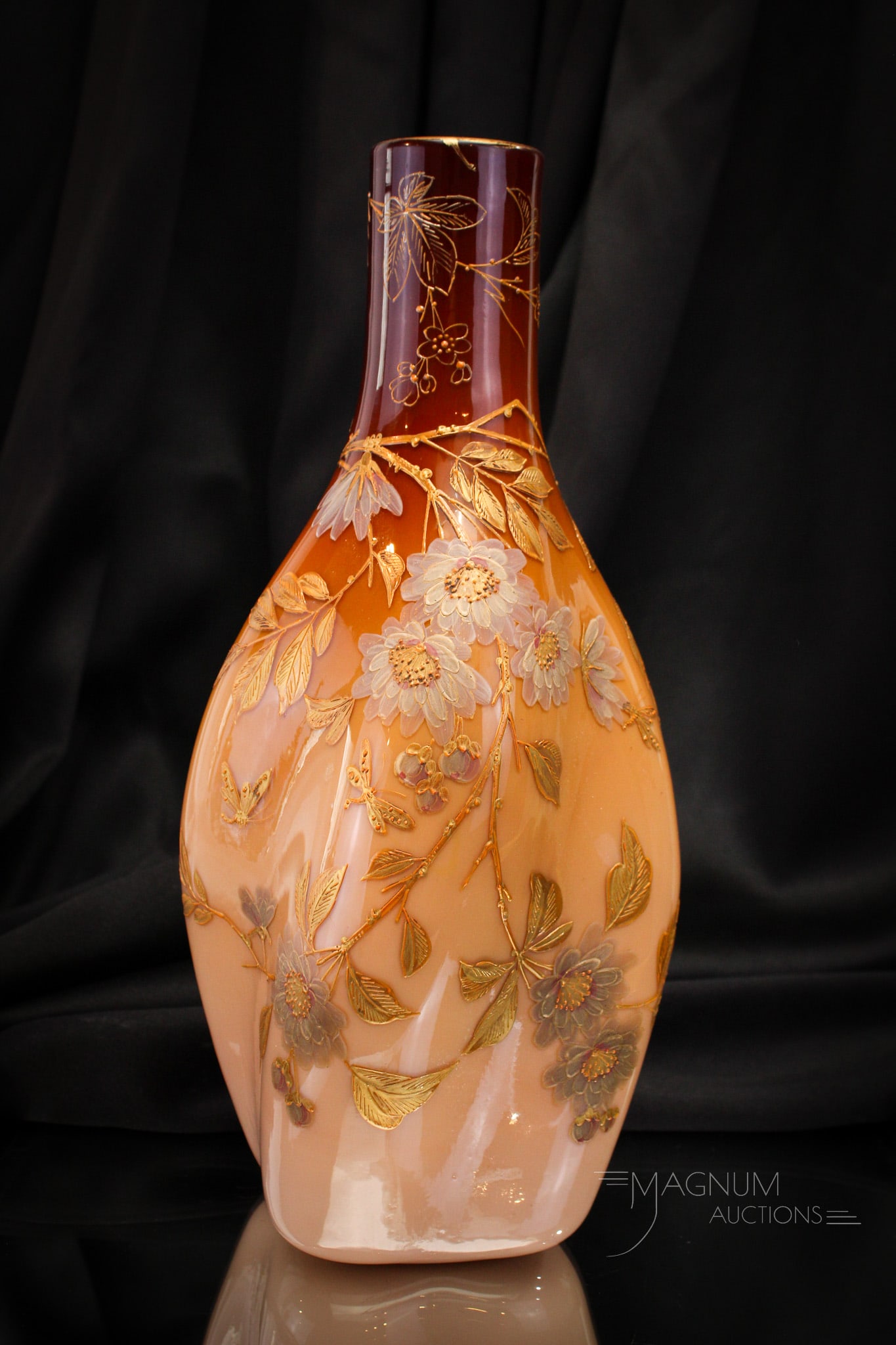 Harrach Victorian Gilt & Enameled Cased Glass 13 1/2" Vase: Huge for the size queen! This one measures in at 13 1/2" tall. This vase is attributed to Harrach glass. Monumental in size. Elaborately gilt and enamel decorated. Beautiful ombre' coloring.