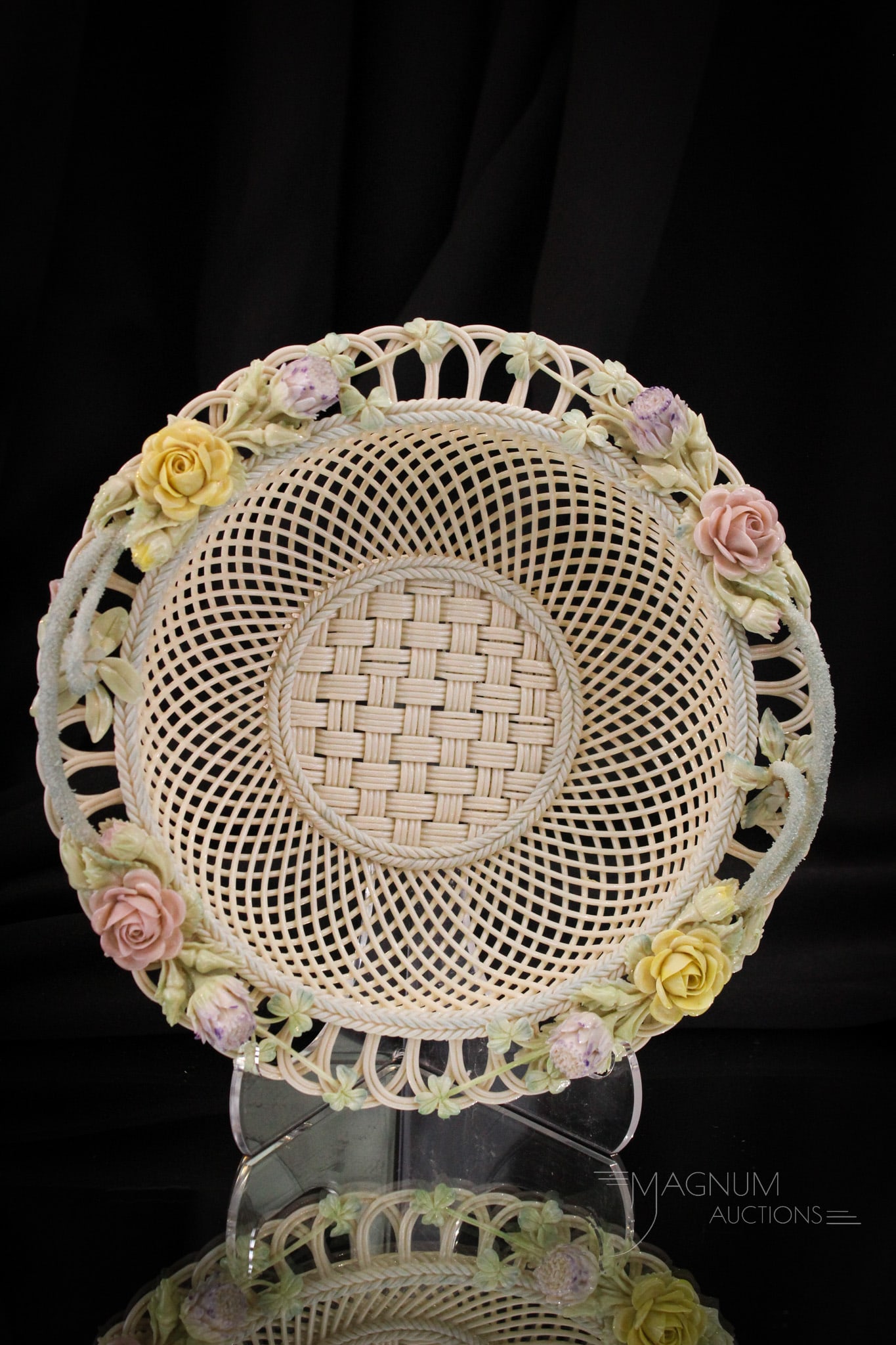 Belleek Basketweave Porcelain: Wonderful signed Beleek porcelain basket decorated with applied florals. Basket measures 2 1/2" tall, 9" long.