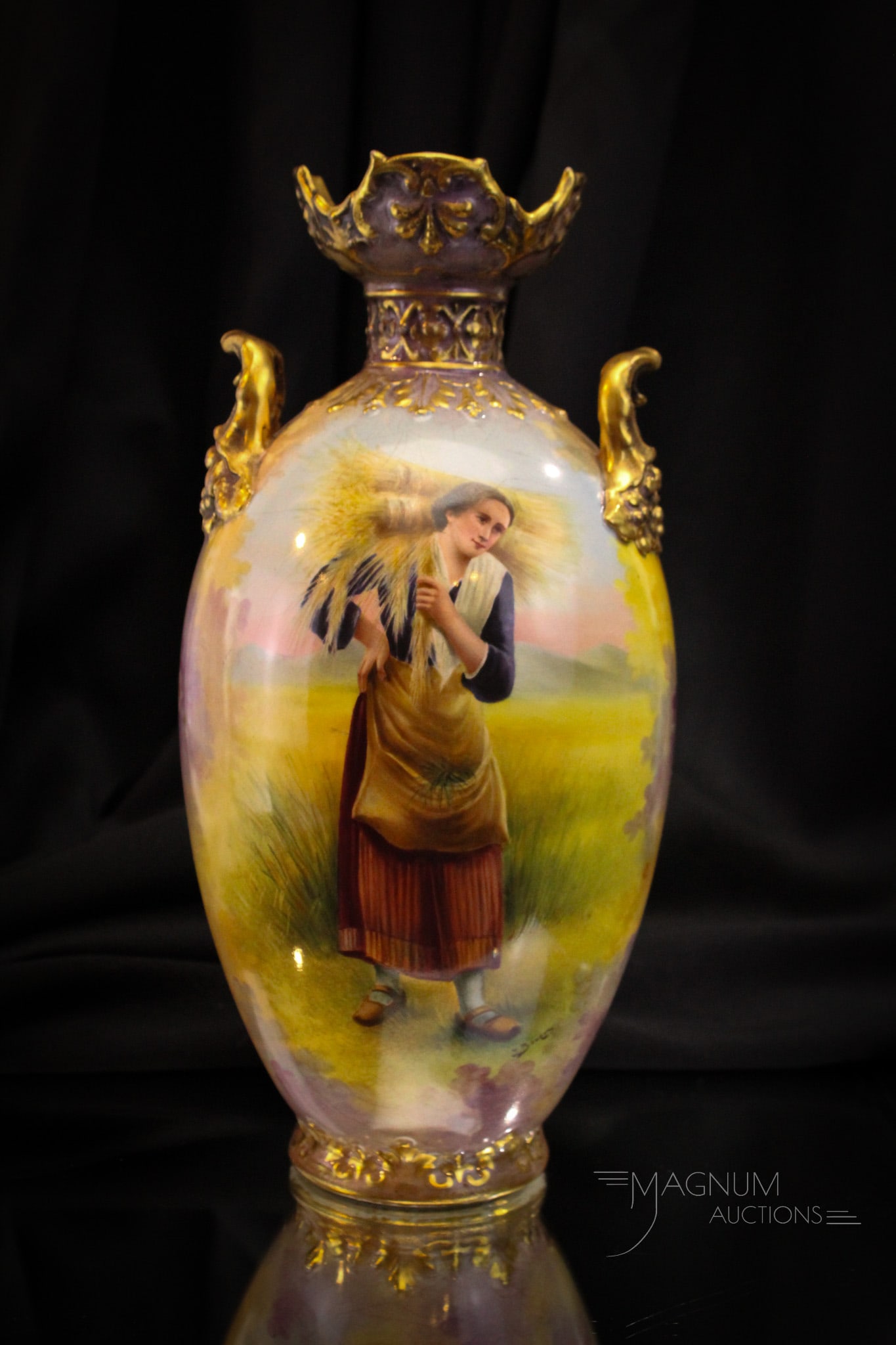 Royal Bonn Artist Signed Porcelain Portait Vase: Fantastic 12 1/2" tall Royal Bonn porcelain artist-signed portrait vase. Vase features double handles.