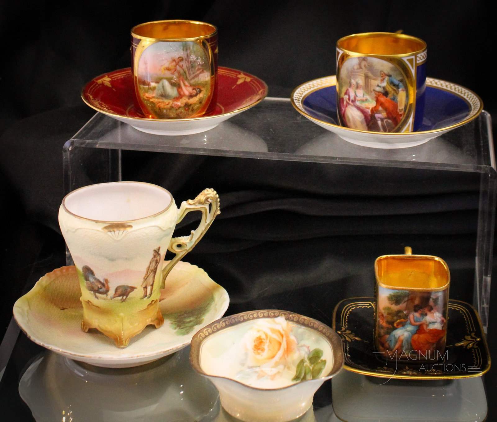 5 pc Lot Porcelain Royal Bayreuth & Vienna Demitasse Cups and Saucers & More: Fine five piece lot porcelain by Royal Bayreuth and Royal Vienna. Lot is comprised by four demitasse cups with saucers and an open salt. Tallest measures 2".
