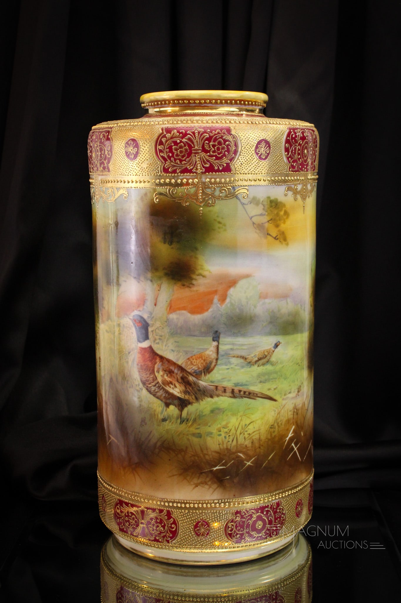 Unmarked Nippon Porcelain 15" Scenic Forest Vase: Fine offering of an unmarked Nippon porcelain 15" vase featuring pheasants and forest scenic decoration.