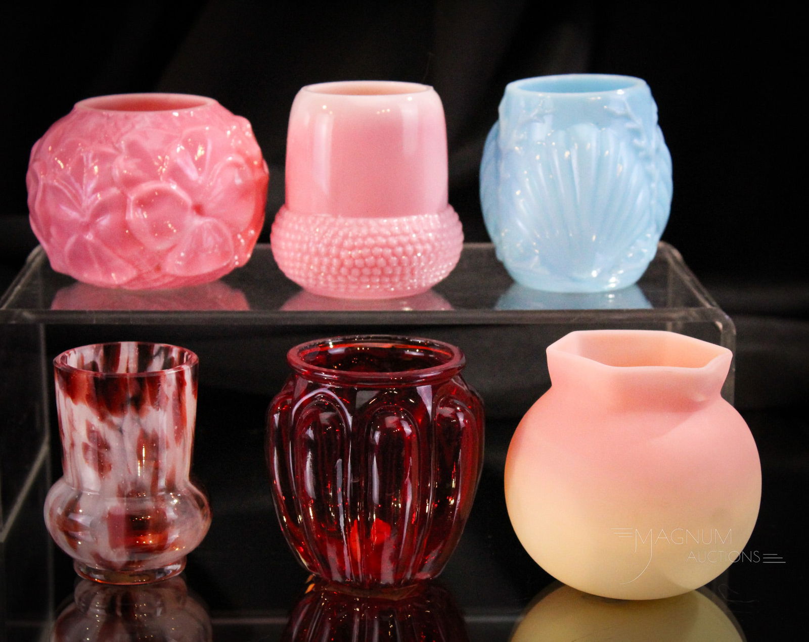 6 pc Lot Victorian Toothpick Holders Consolidated Webb Phoenix & More: Six great collection-enhancing toothpick holders sure to please. Included in this generous offering is a Webb burmese, a couple of Consolidated, represented by Bulging Loops, Pansy, and Shell. Also fe