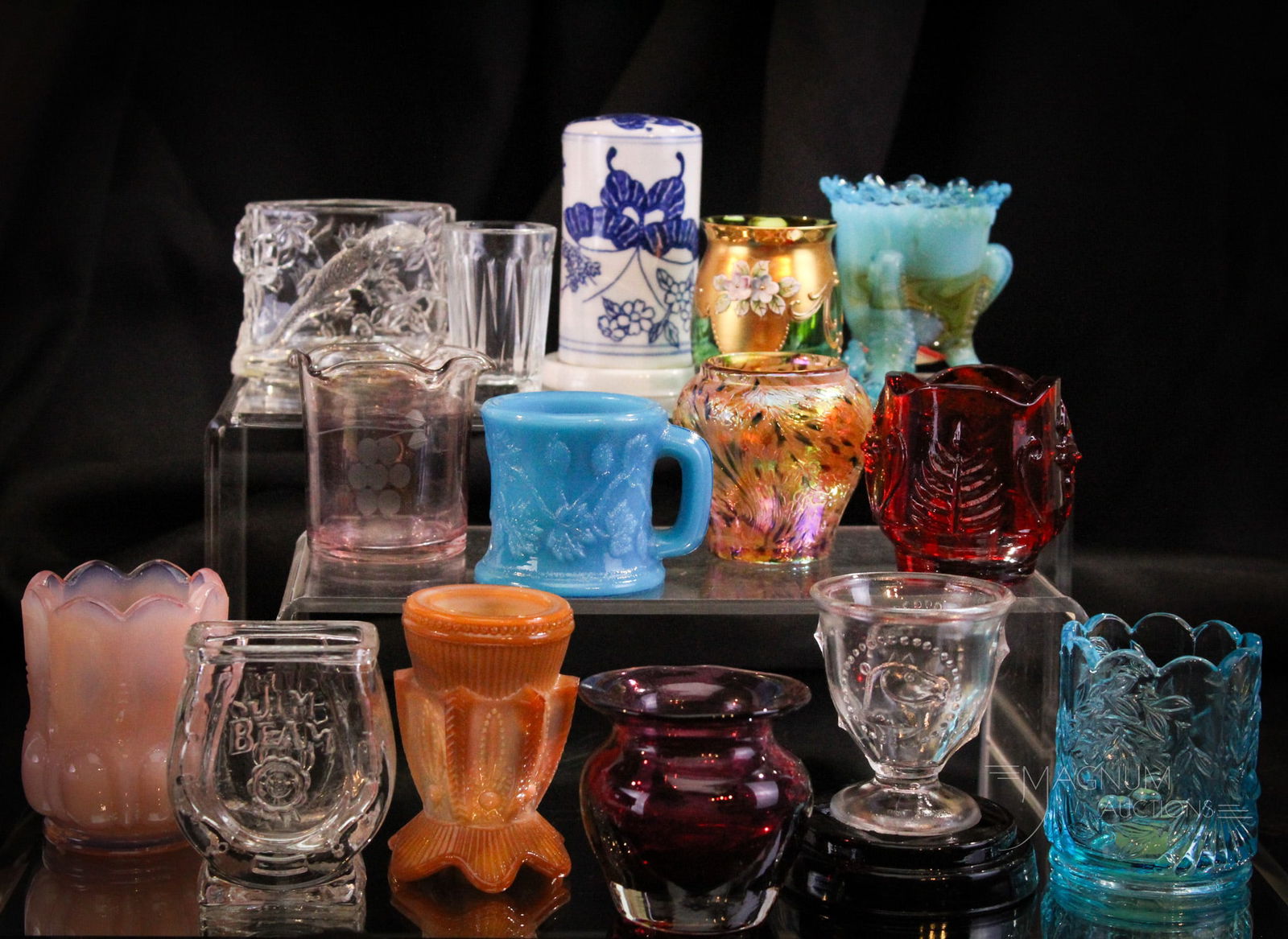 16 pc Lot Collectible Toothpick Holders L G Wright Degenhart & More: Fine assorted 16 pc Lot of collectible fun in toothpick and associated glass and china by various makers. Each a fun example to find room for in your cabinet. Tallest measures 3 1/4".