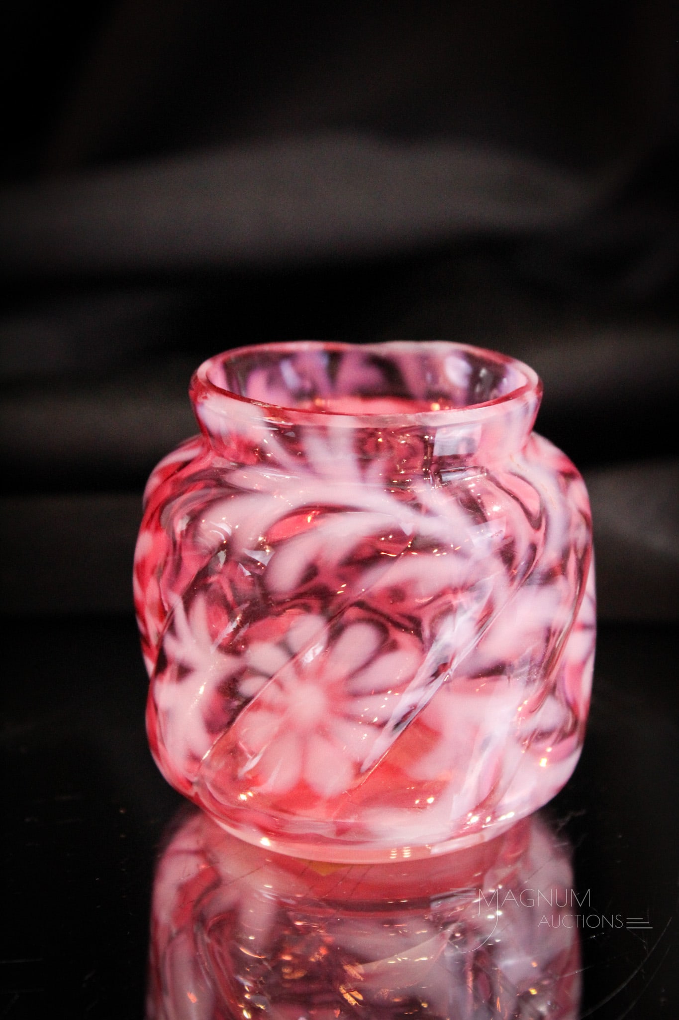 Scarce Northwood Cranberry Opalescent Daisy & Fern Parian Swirl Victorian Toothpick Holder: Great color and opalescence makes this an even more desirable example of this Northwood toothpick holder. The pattern is Northwood's Daisy & Fern in the Parian Swirl mold. Toothpick holder measures 2