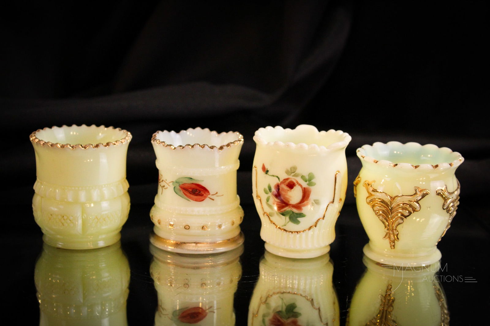 4 pc Lot Victorian Decorated Custard Glass Toothpick Holders Heisey Jefferson & More: Four select examples of Victorian custard decorated glass toothpick holders by Heisey, Jefferson and more. Each a fine example. Tallest measures 2 1/2".