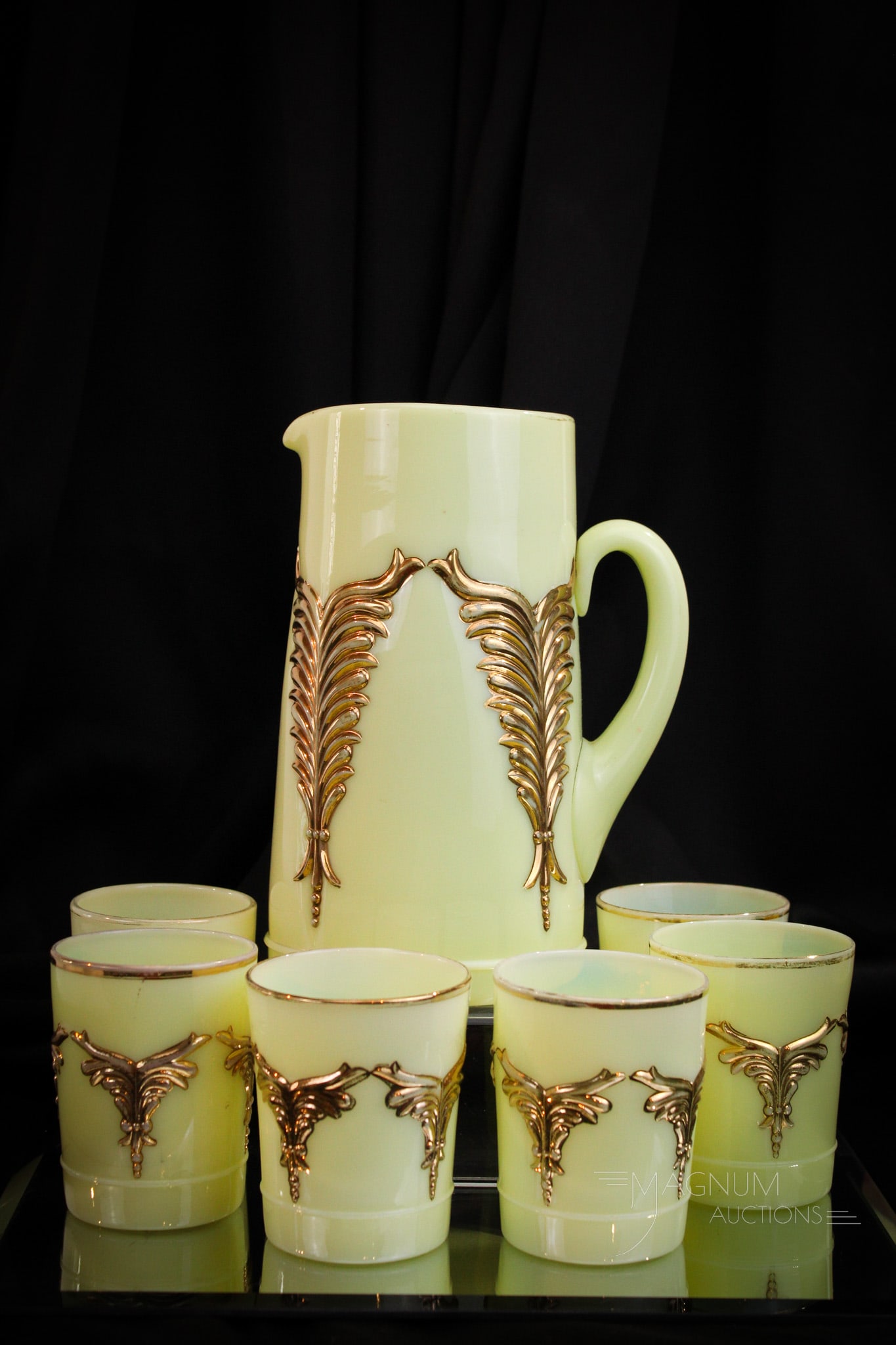 7 pc Heisey Winged Scroll Glass Custard Water Set: Gorgeous Victorian Heisey custard gilt decorated Winged Scroll pattern tankard water set. Nice find in this seven piece complete set. Tallest measures 9".