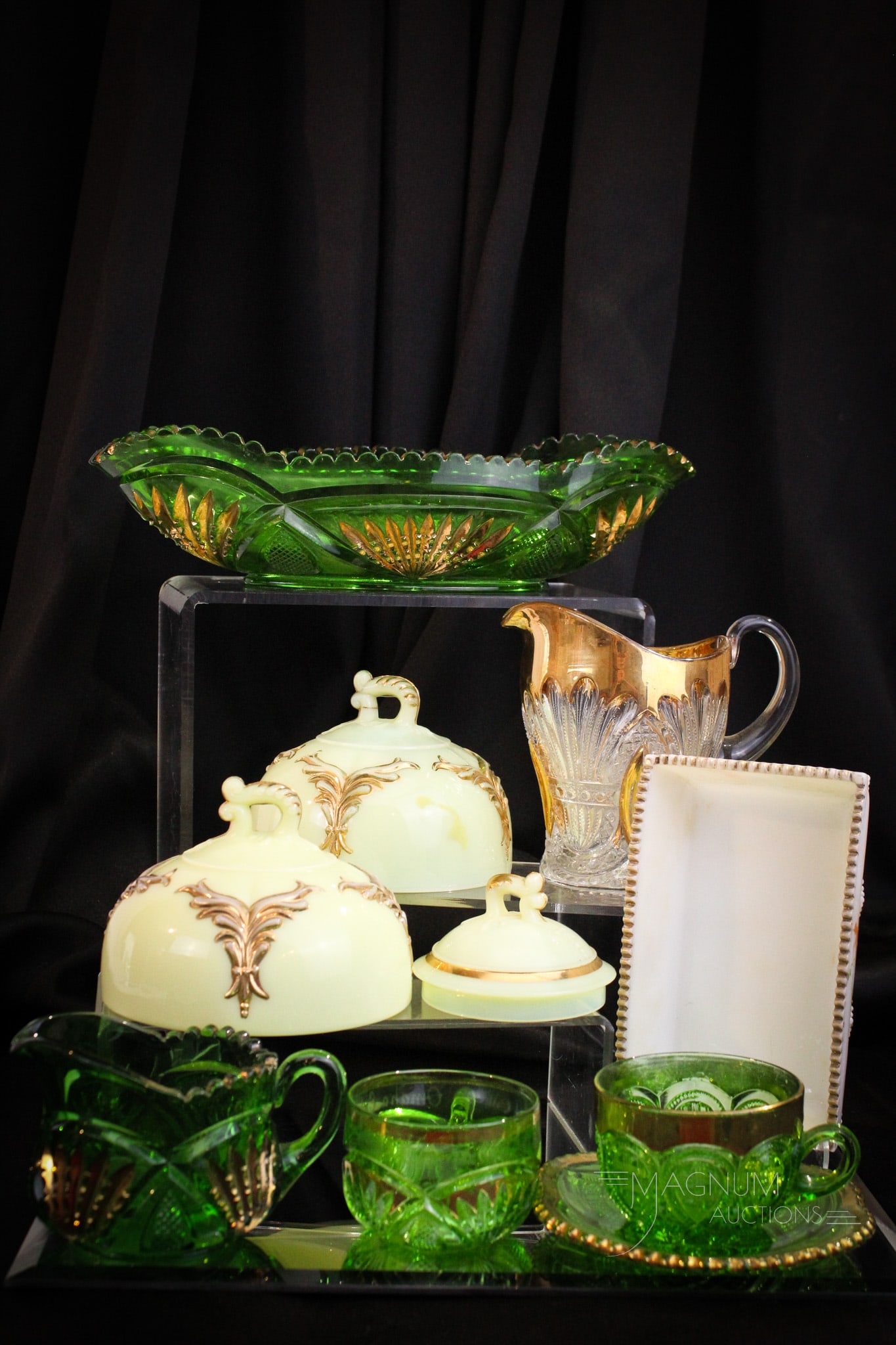 9 pc Lot Victorian Heisey Glass: Nine assorted pieces of Heisey Victorian glass. Each is a fine example of the wares produced back in the Gilded age. Patterns include Prince of Whales and Pineapple and Fan and so much more. Tallest m