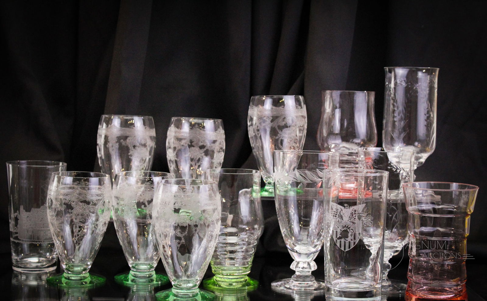 14 pc Lot Heisey Glass Tumblers: Fourteen fine examples of beautiful Heisey glass tumblers. Some with etching. Flamingo, Moongleam, and clear.Tallest measures 6 1/4".