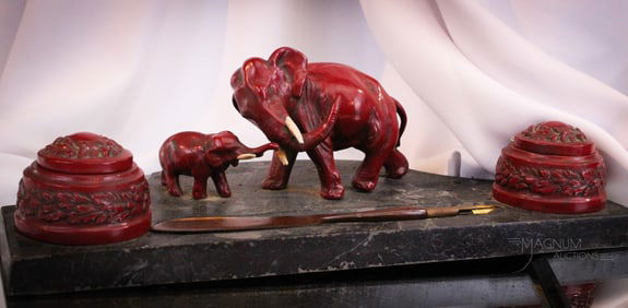 Victorian 15 1/2" Cold Painted Elephant & Calf Double Inkwell