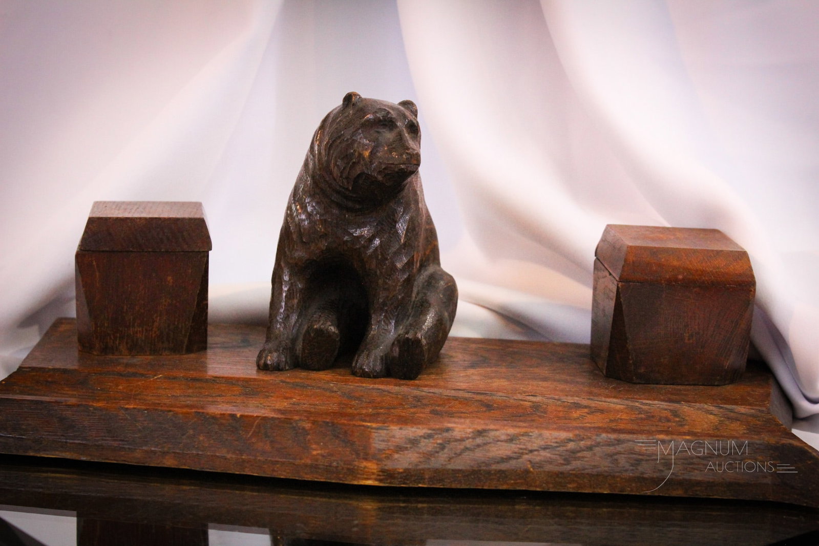 Large 16 1/4" Black Forest Bear Double Inkwell Desk Set: Large Black Forest style carved wooden bear & double inkwell desk set. Piece is large measuring 6" tall, 16 1/4" long.