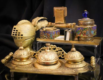 4 pc Lot Victorian Victorian Metal Inkwells & Match Holder