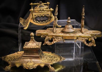 3 pc Lot Victorian Cast Metal Inkwells