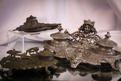 3 pc Lot Victorian Cast Metal Inkwells & More