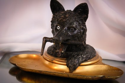 Super 10 1/2" Victorian Cast Metal Figural Wolf Inkwell