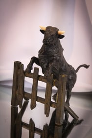 Victorian Cold Painted Rearing Bull on Fence Inkwell